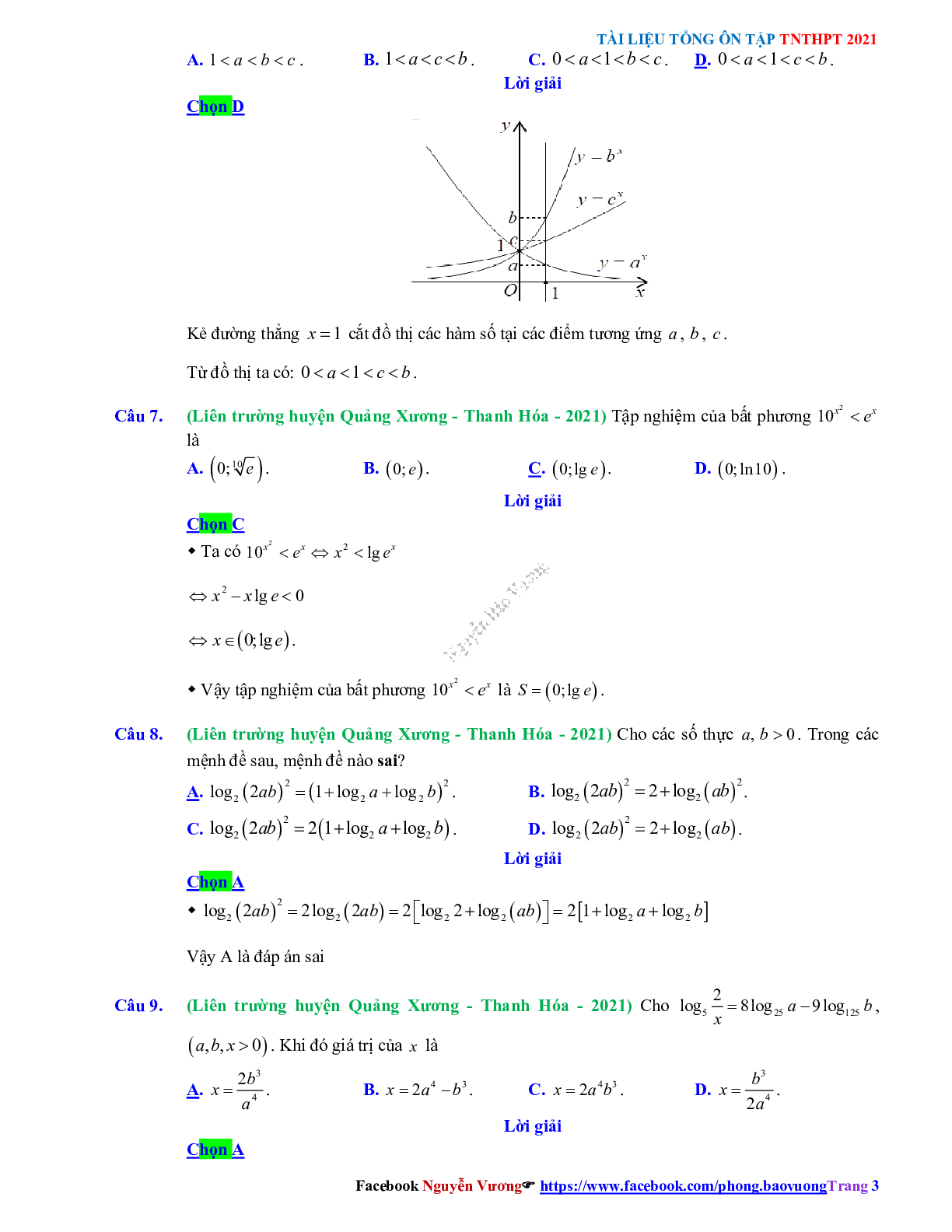 Trắc nghiệm Ôn thi THPT QG Toán 12: Đáp án mũ - lũy thừa - logarit mức độ thông hiểu (trang 3)