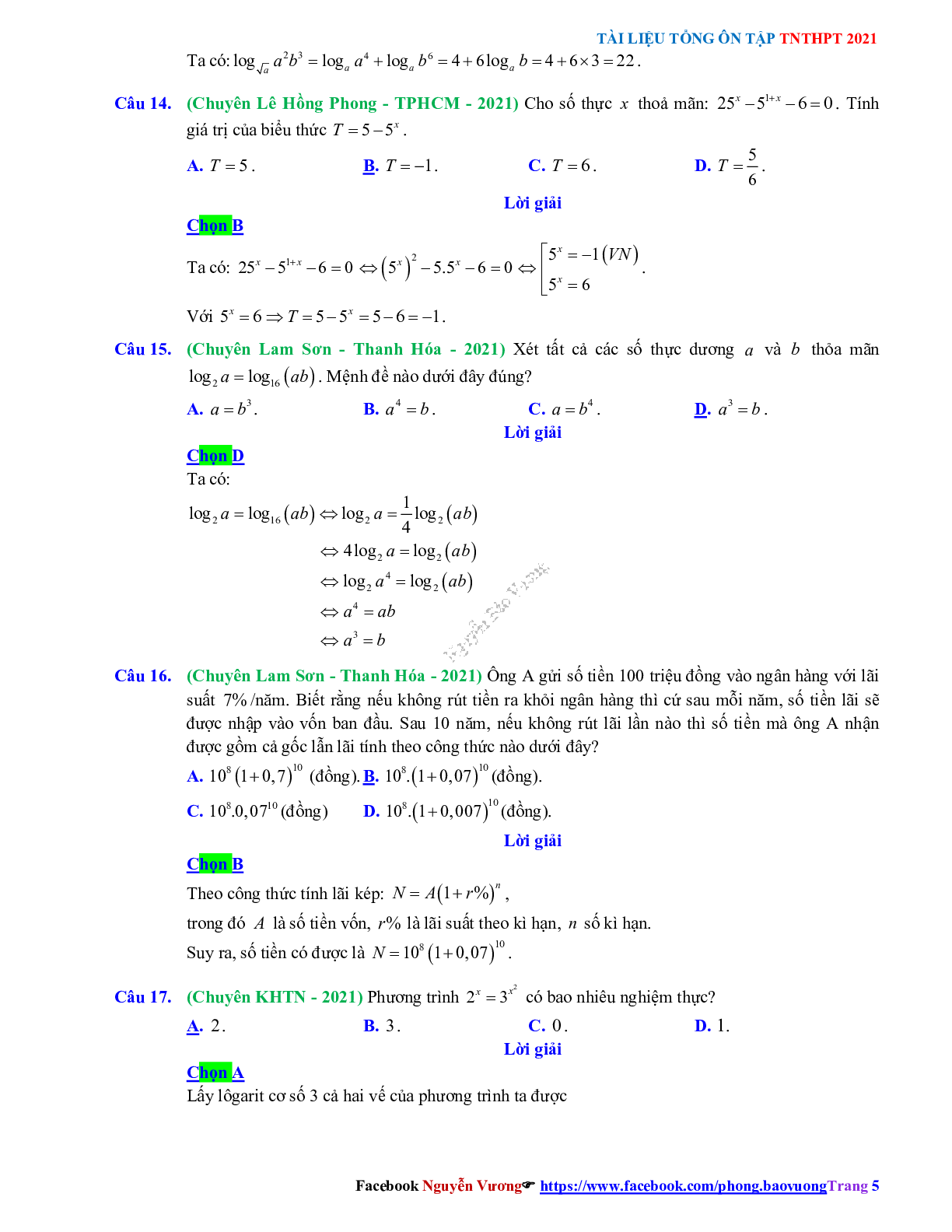 Trắc nghiệm Ôn thi THPT QG Toán 12: Đáp án mũ - lũy thừa - logarit mức độ thông hiểu (trang 5)