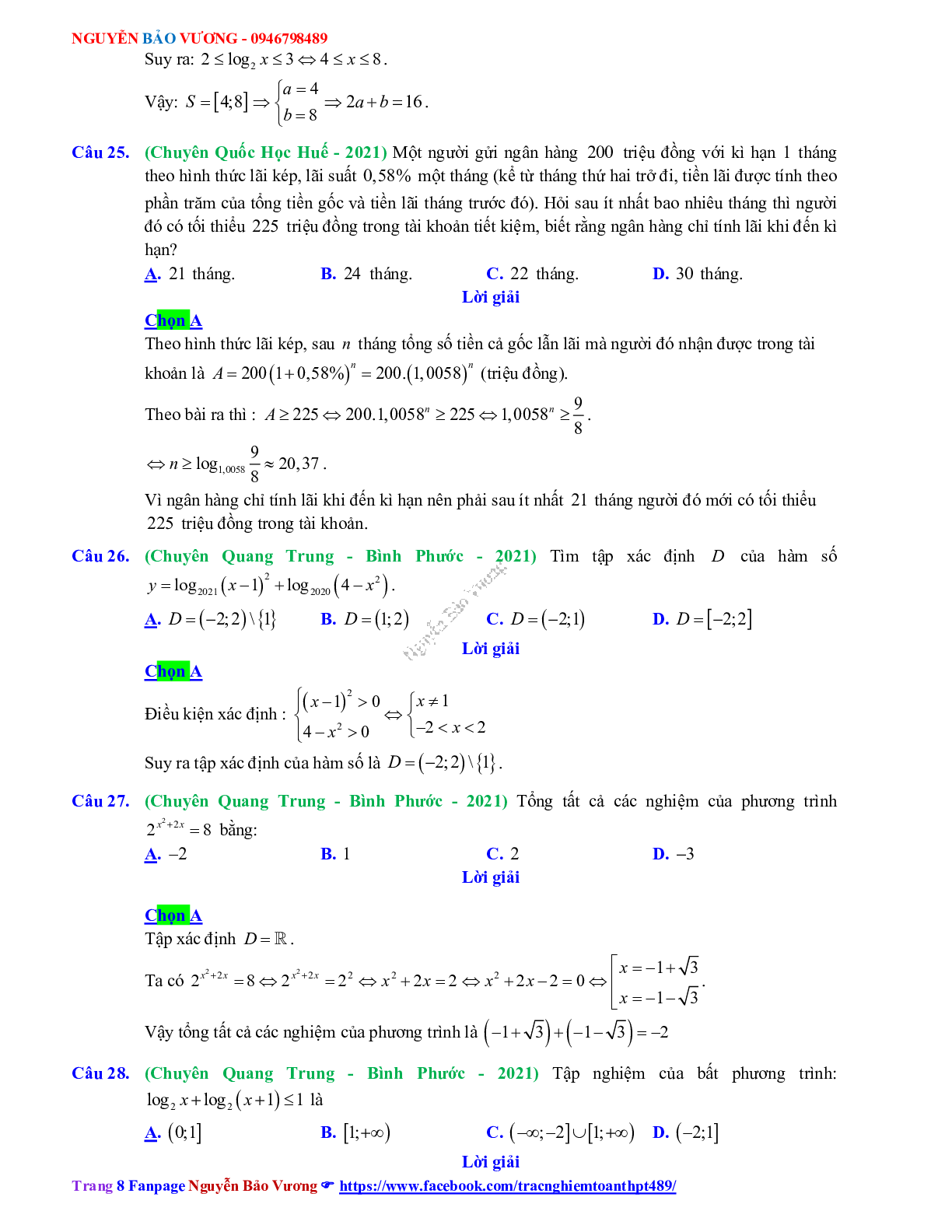 Trắc nghiệm Ôn thi THPT QG Toán 12: Đáp án mũ - lũy thừa - logarit mức độ thông hiểu (trang 8)
