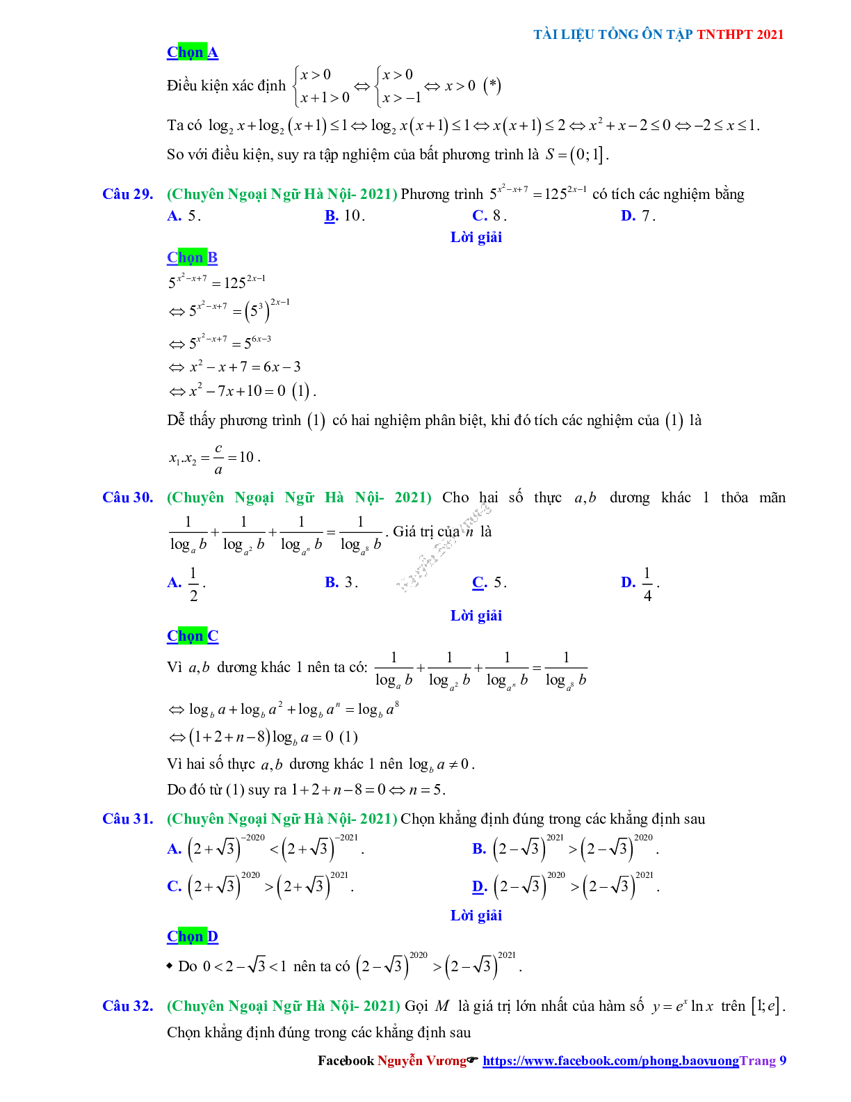 Trắc nghiệm Ôn thi THPT QG Toán 12: Đáp án mũ - lũy thừa - logarit mức độ thông hiểu (trang 9)