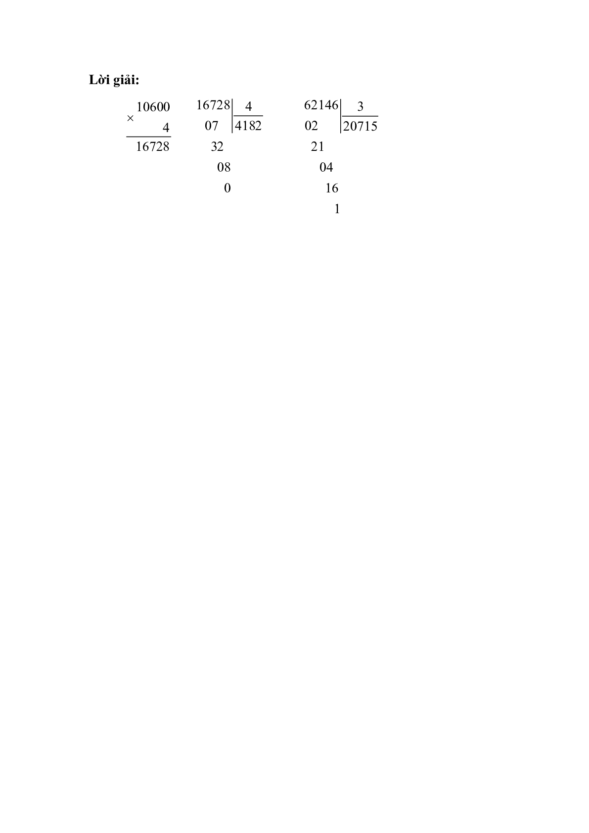 Đặt tính rồi tính: 10600 x 4; 16728 : 4 (trang 2)
