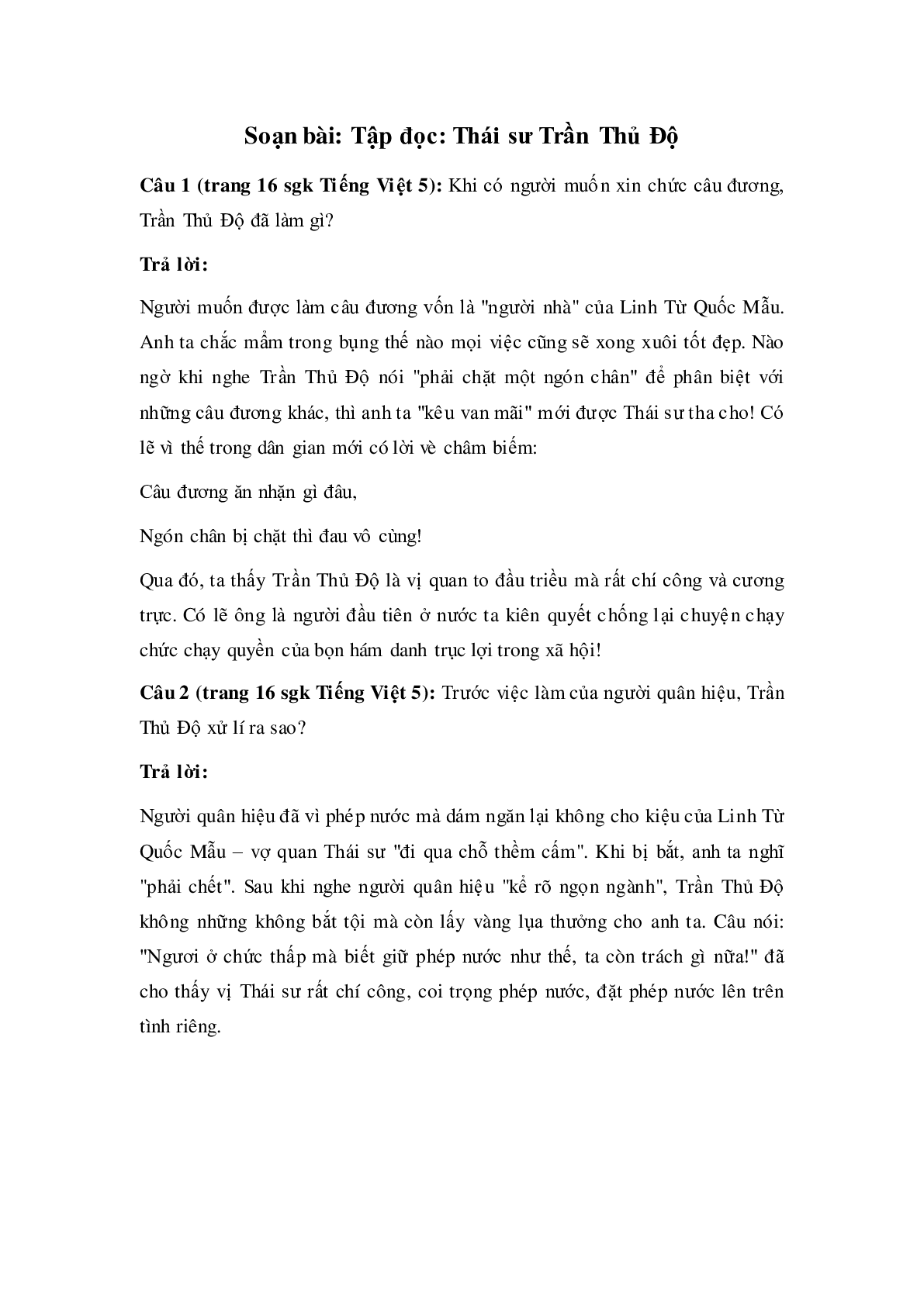 Soạn Tiếng Việt lớp 5: Tập đọc: Thái sư Trần Thủ Độ mới nhất (trang 1)