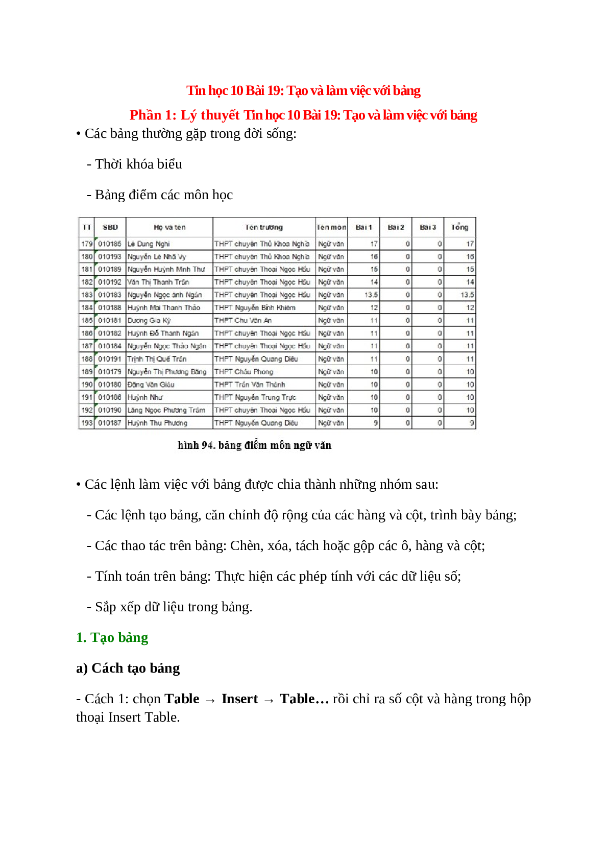 Tin học 10 Bài 19: Tạo và làm việc với bảng (trang 1)