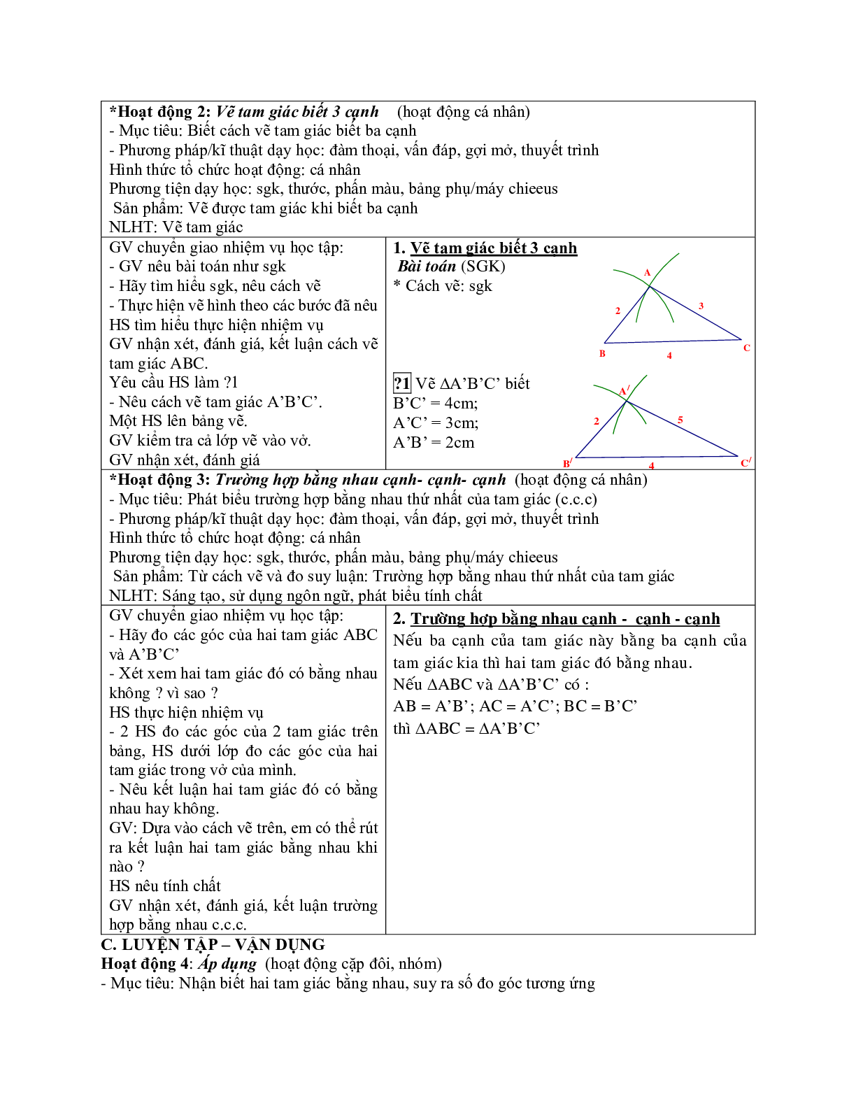 Giáo án Toán 7 bài 3: Trường hợp bằng nhau thứ nhất của tam giác cạnh - cạnh - cạnh mới nhất (trang 2)