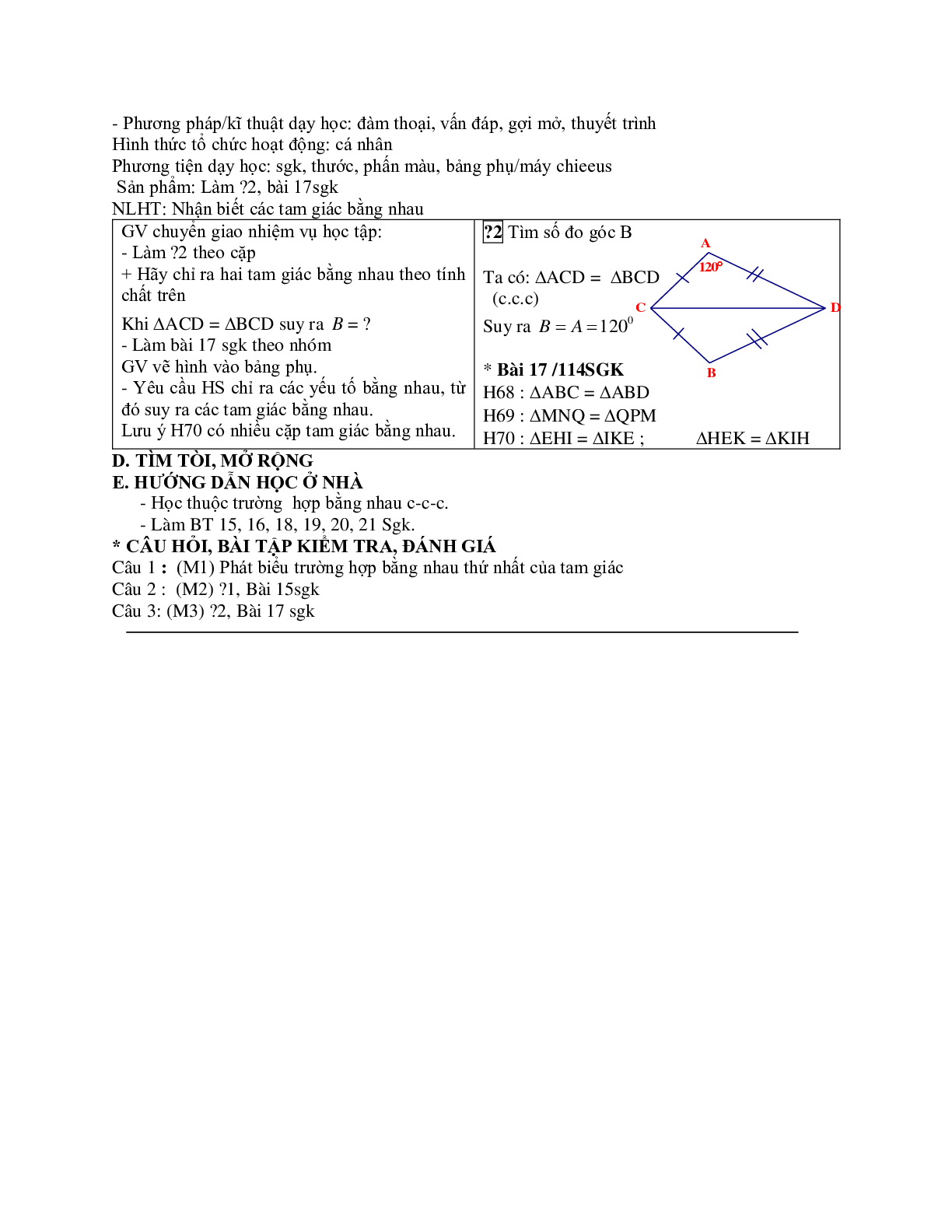 Giáo án Toán 7 bài 3: Trường hợp bằng nhau thứ nhất của tam giác cạnh - cạnh - cạnh mới nhất (trang 3)