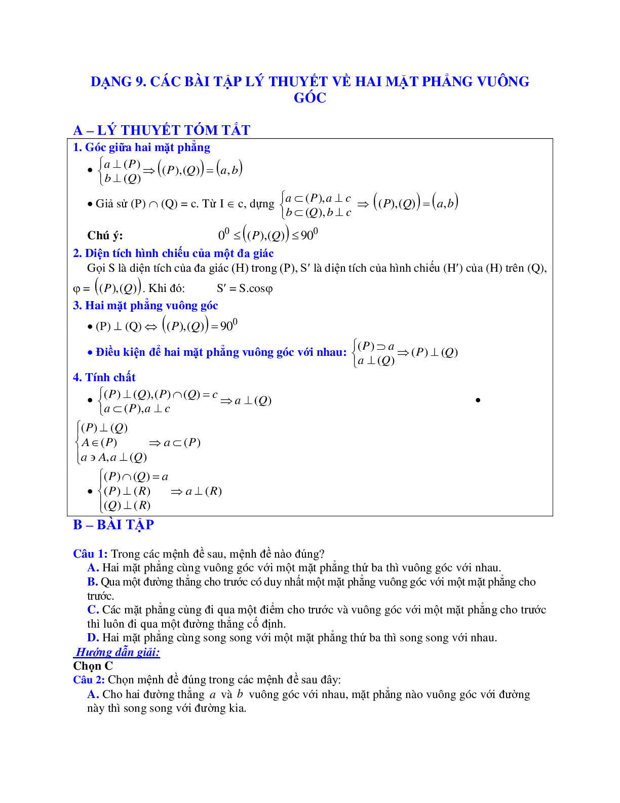 Phương pháp giải và bài tập về hai mặt phẳng vuông góc chọn lọc (trang 1)