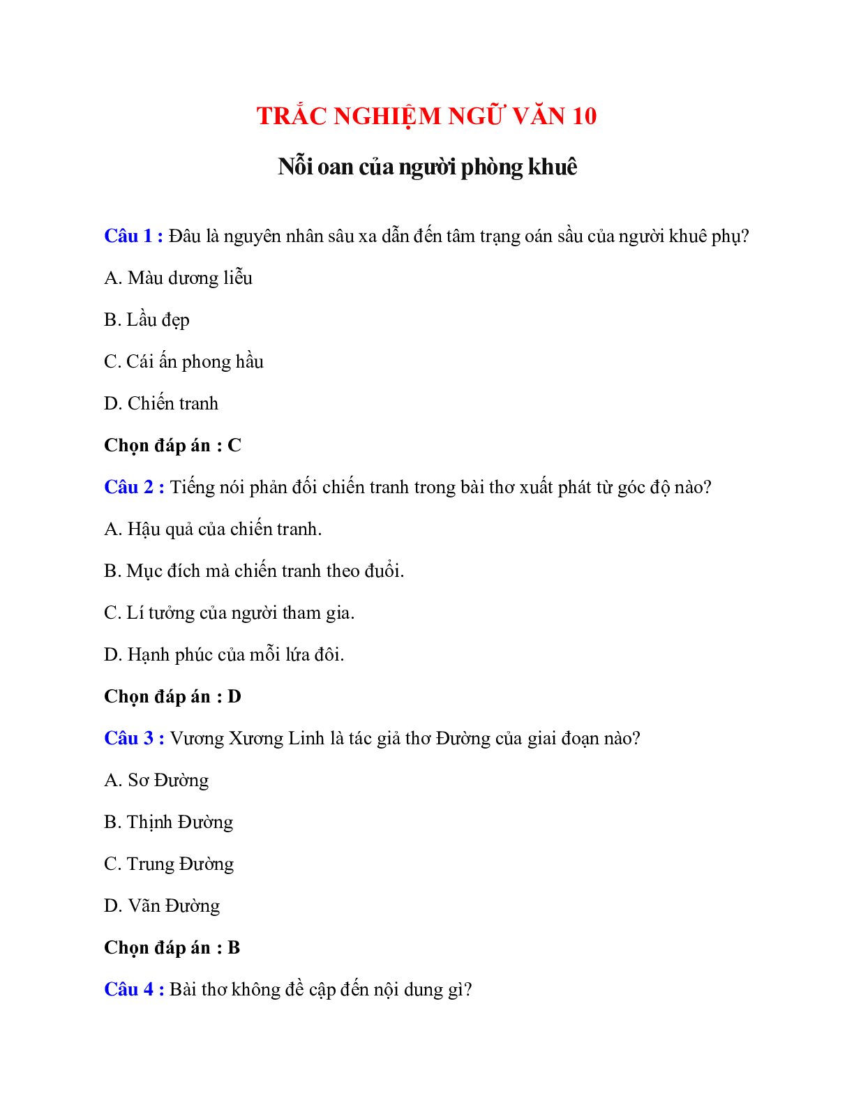 Trắc nghiệm Nỗi oan của người phòng khuê có đáp án – Ngữ văn lớp 10 (trang 1)