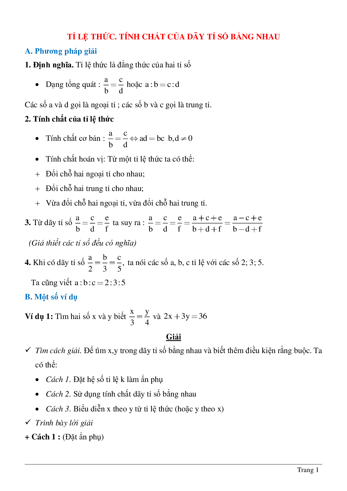 Bài tập chọn lọc về Tỉ lệ thức - Tính chất của dãy tỉ số bằng nhau có lời giải (trang 1)