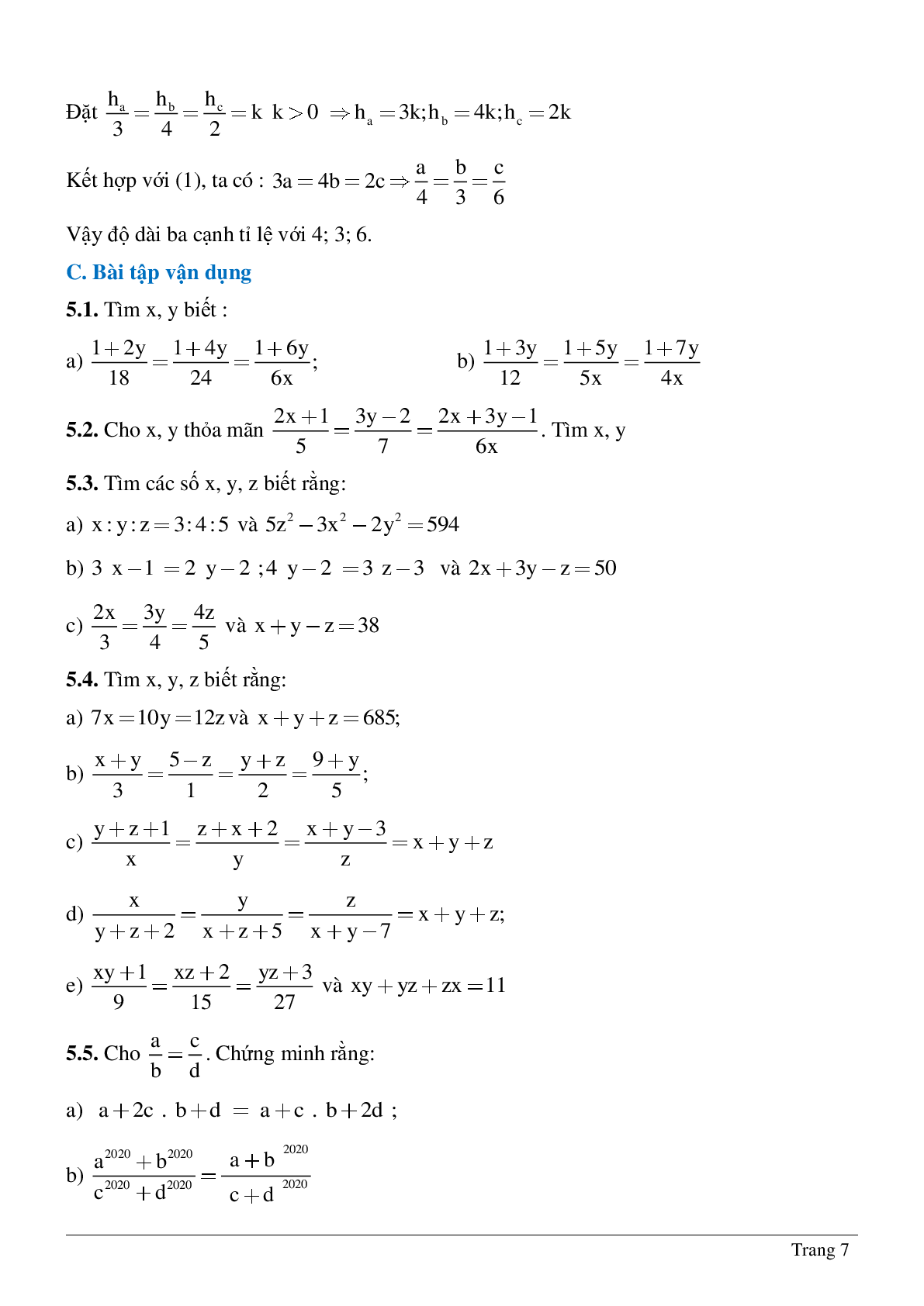 Bài tập chọn lọc về Tỉ lệ thức - Tính chất của dãy tỉ số bằng nhau có lời giải (trang 7)