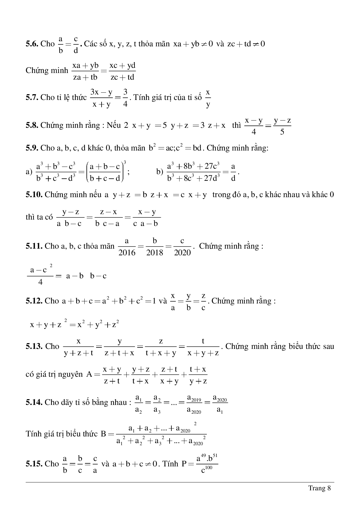 Bài tập chọn lọc về Tỉ lệ thức - Tính chất của dãy tỉ số bằng nhau có lời giải (trang 8)