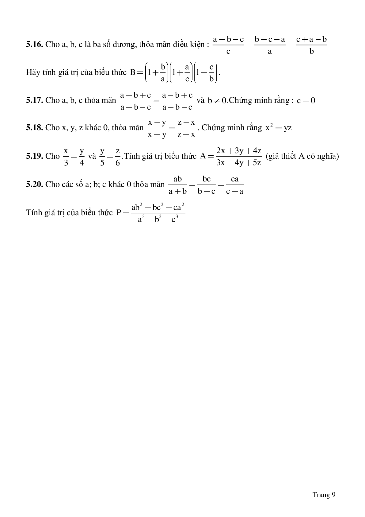Bài tập chọn lọc về Tỉ lệ thức - Tính chất của dãy tỉ số bằng nhau có lời giải (trang 9)
