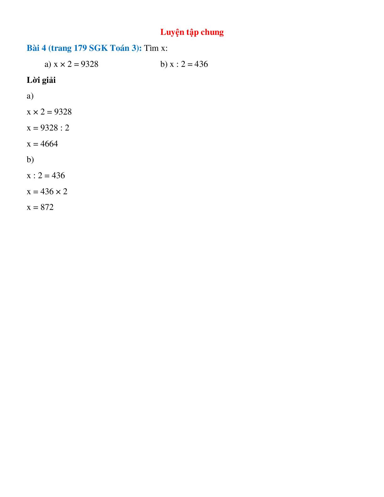 Tìm x: x × 2 = 9328 và x : 2 = 436 (trang 1)