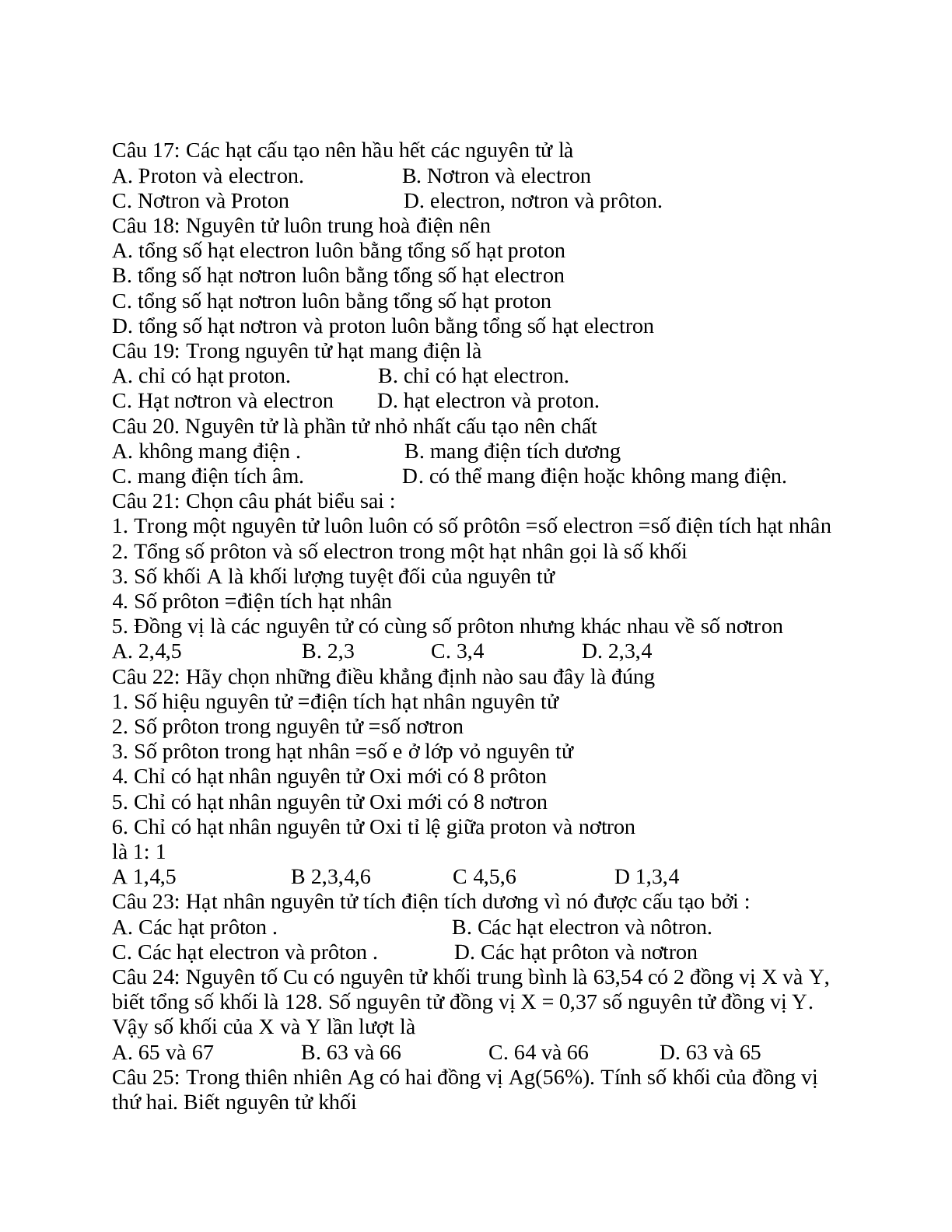 Tuyển chọn 45 câu trắc nghiệm về nguyên tử có chọn lọc (trang 3)