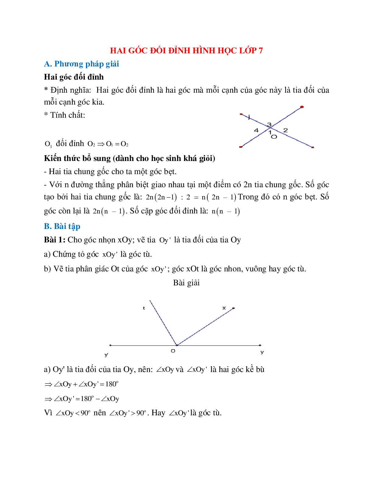 Những bài tập thường gặp về Hai góc đối đỉnh hình học lớp 7 chọn lọc (trang 1)