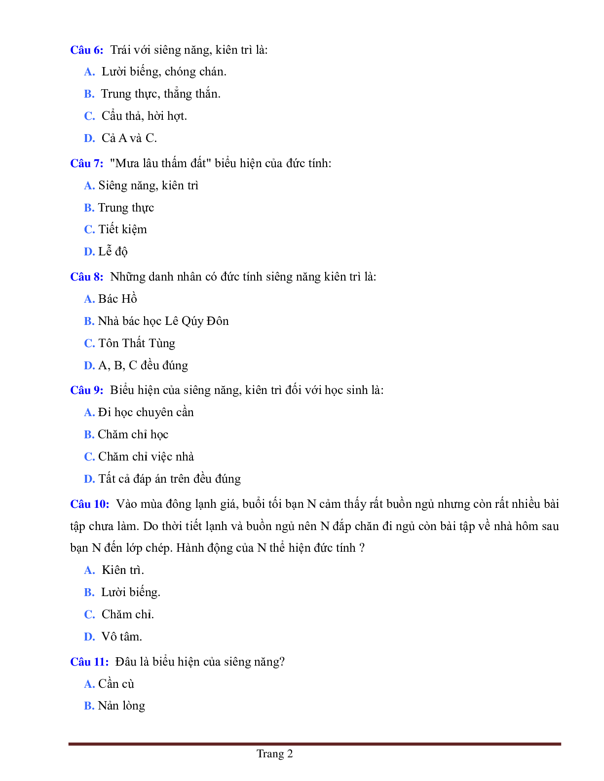 BÀI TẬP TRẮC NGHIỆM GDCD 6 BÀI 2: SIÊNG NĂNG, KIÊN TRÌ (trang 2)