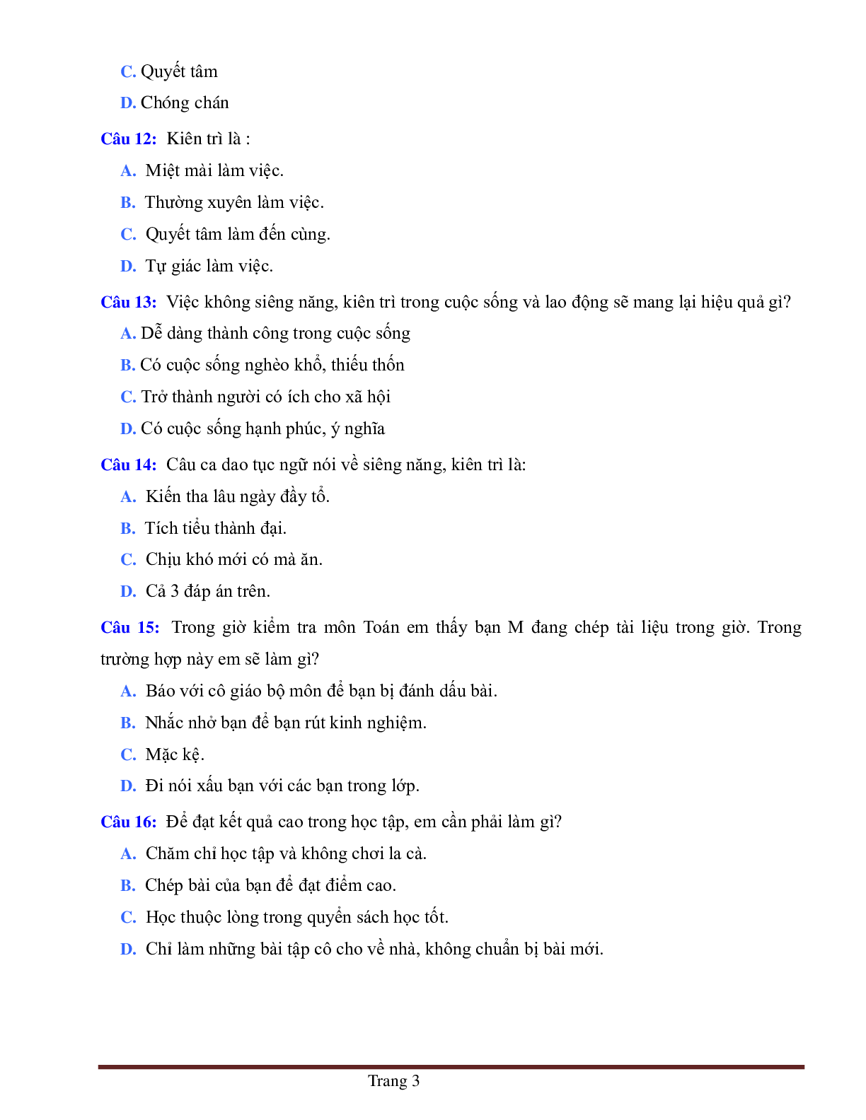 BÀI TẬP TRẮC NGHIỆM GDCD 6 BÀI 2: SIÊNG NĂNG, KIÊN TRÌ (trang 3)