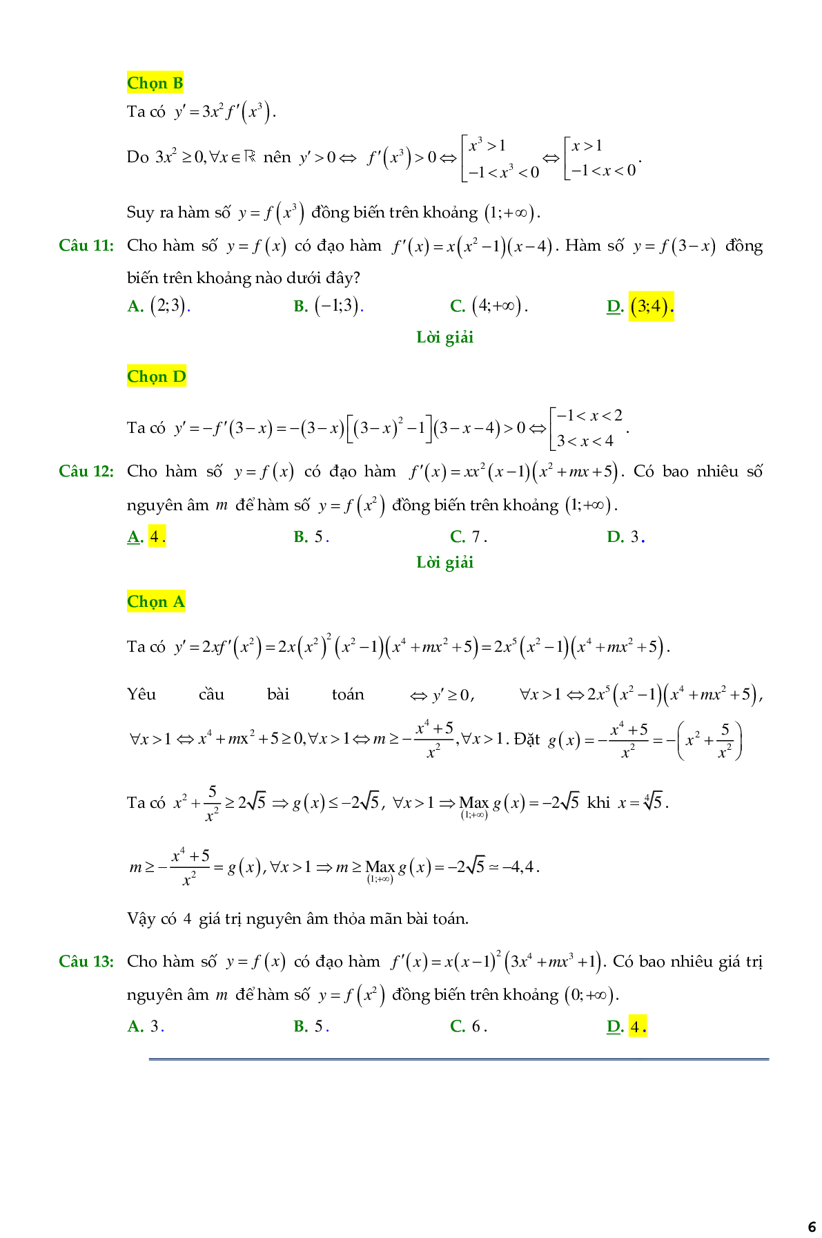 138 Bài toán chọn lọc tính đơn điệu của hàm hợp - có đáp án chi tiết (trang 6)