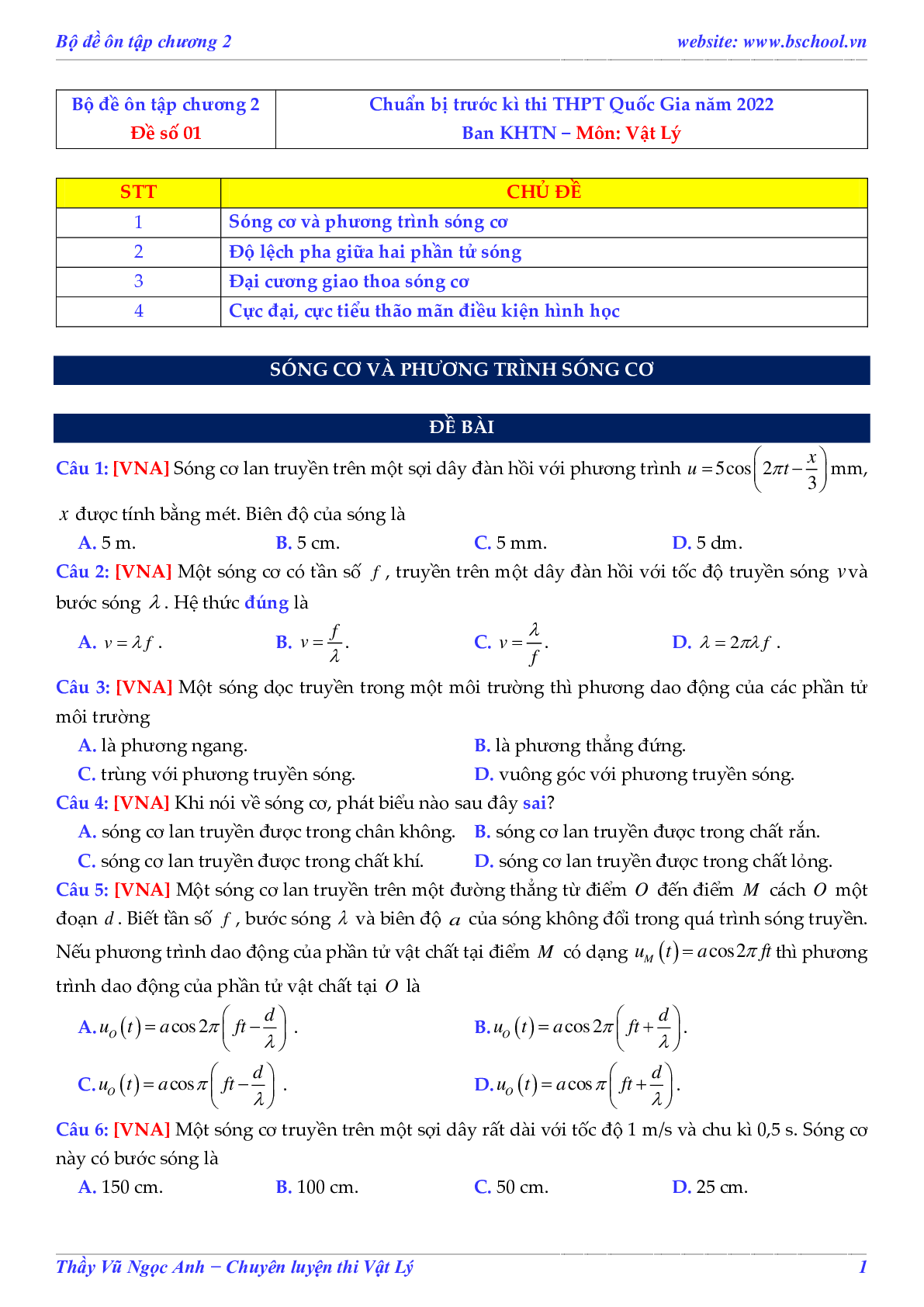 Đề Ôn Tập Sóng Cơ Và Phương Trình Sóng Cơ Đề Số 01 Môn Vật Lý Lớp 12 (trang 1)