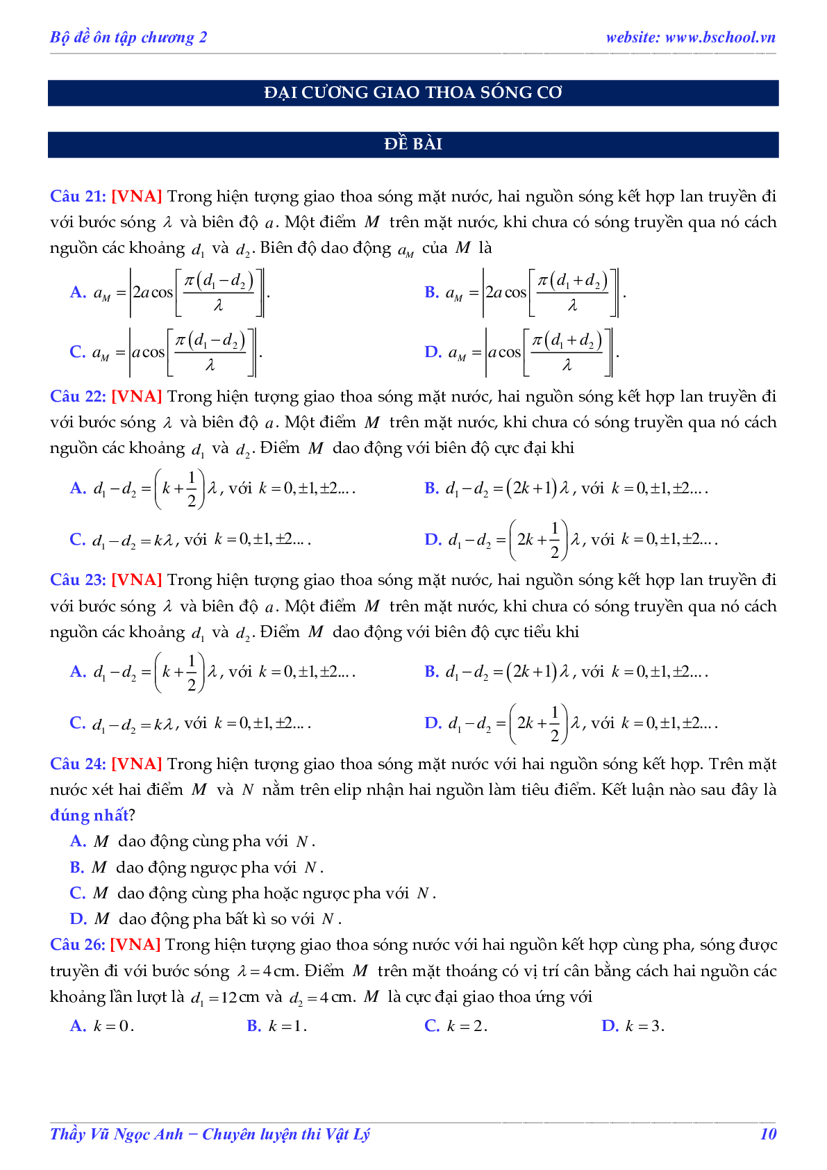 Đề Ôn Tập Sóng Cơ Và Phương Trình Sóng Cơ Đề Số 01 Môn Vật Lý Lớp 12 (trang 10)