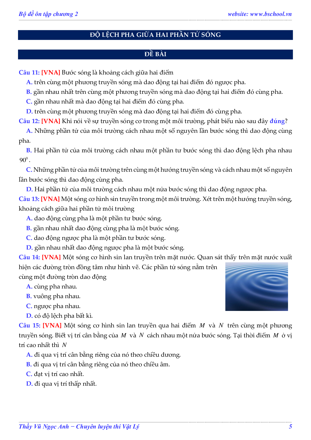 Đề Ôn Tập Sóng Cơ Và Phương Trình Sóng Cơ Đề Số 01 Môn Vật Lý Lớp 12 (trang 5)