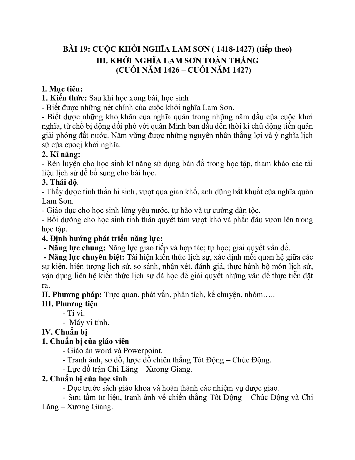 Giáo án Lịch sử 7 Bài 19 Cuộc khởi nghĩa Lam Sơn (1418-1427) tiết 3 mới nhất (trang 1)