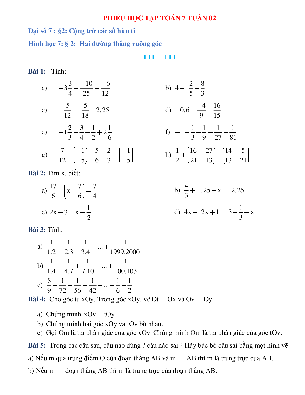Phiếu bài tập tuần 2 - Toán 7 (trang 1)