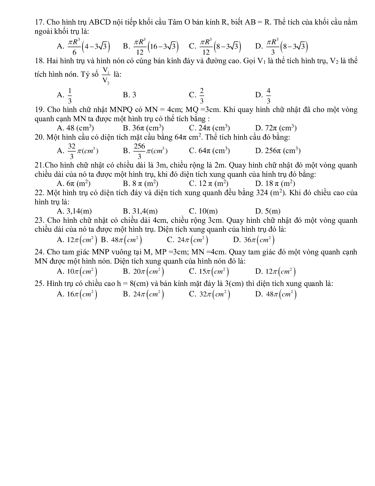 Bài tập trắc nghiệm Hình nón - Hình trụ - Hình cầu (trang 2)