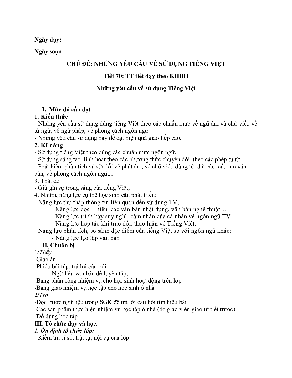 Giáo án ngữ văn lớp 10 Tiết 70: Những yêu cầu về sử dụng tiếng việt (trang 1)