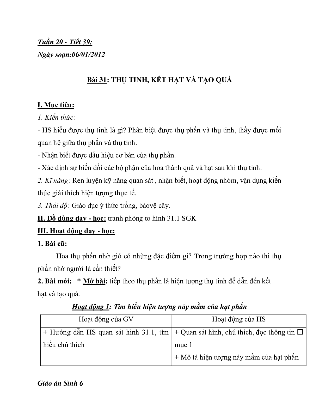 Giáo án Sinh học 6 Bài 31: Thụ tinh, kết quả và tạo hạt mới nhất - CV5512 (trang 1)