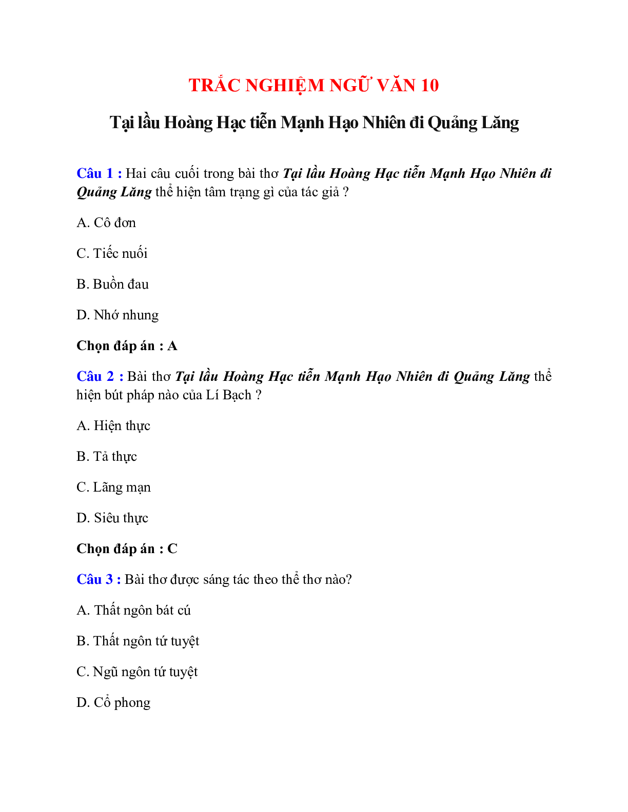 Trắc nghiệm Tại lầu Hoàng Hạc tiễn Mạnh Hạo Nhiên đi Quảng Lăng có đáp án – Ngữ văn lớp 10 (trang 1)