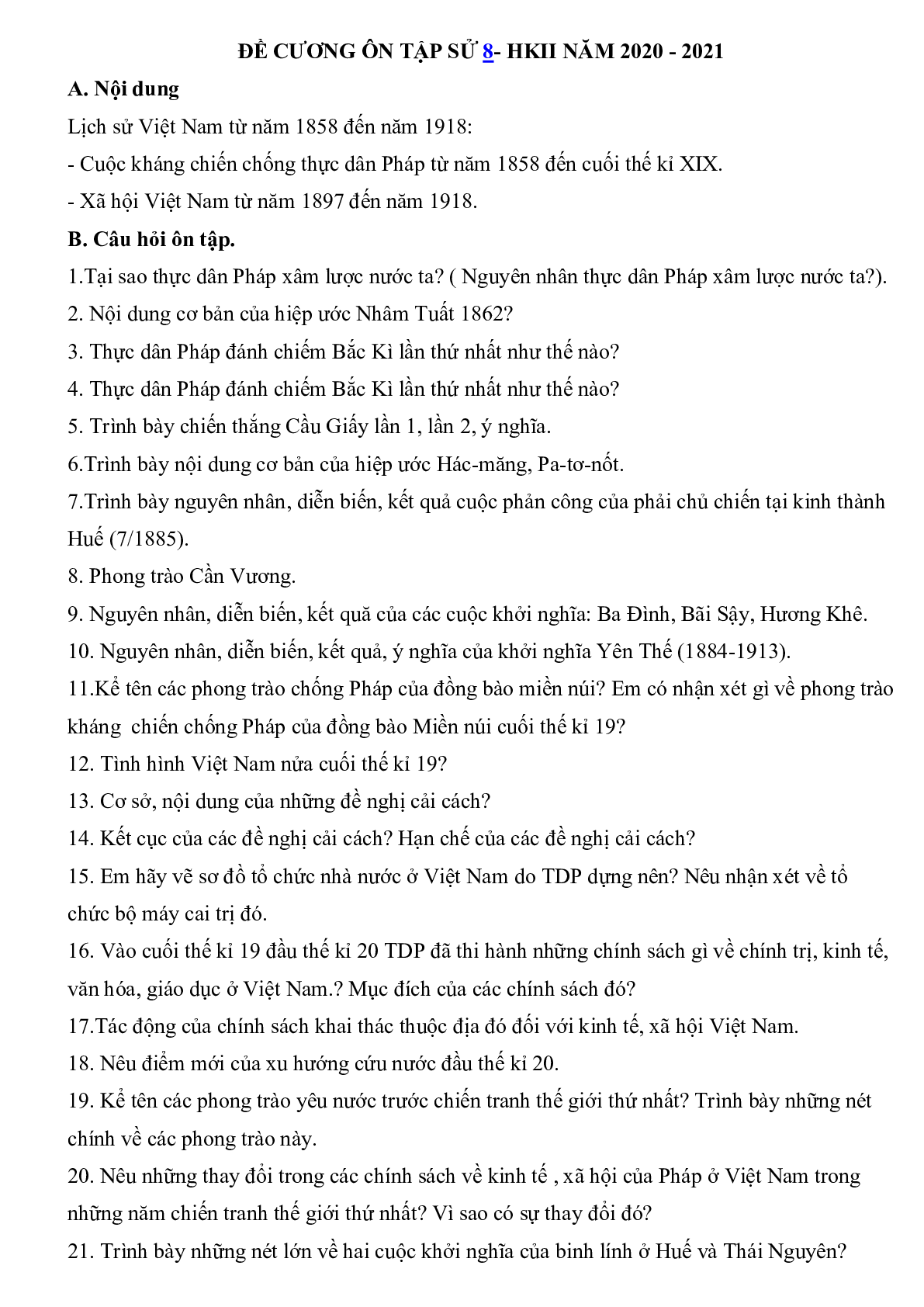 Đề cương ôn tập học kì 2 môn Lịch sử lớp 8 (trang 1)