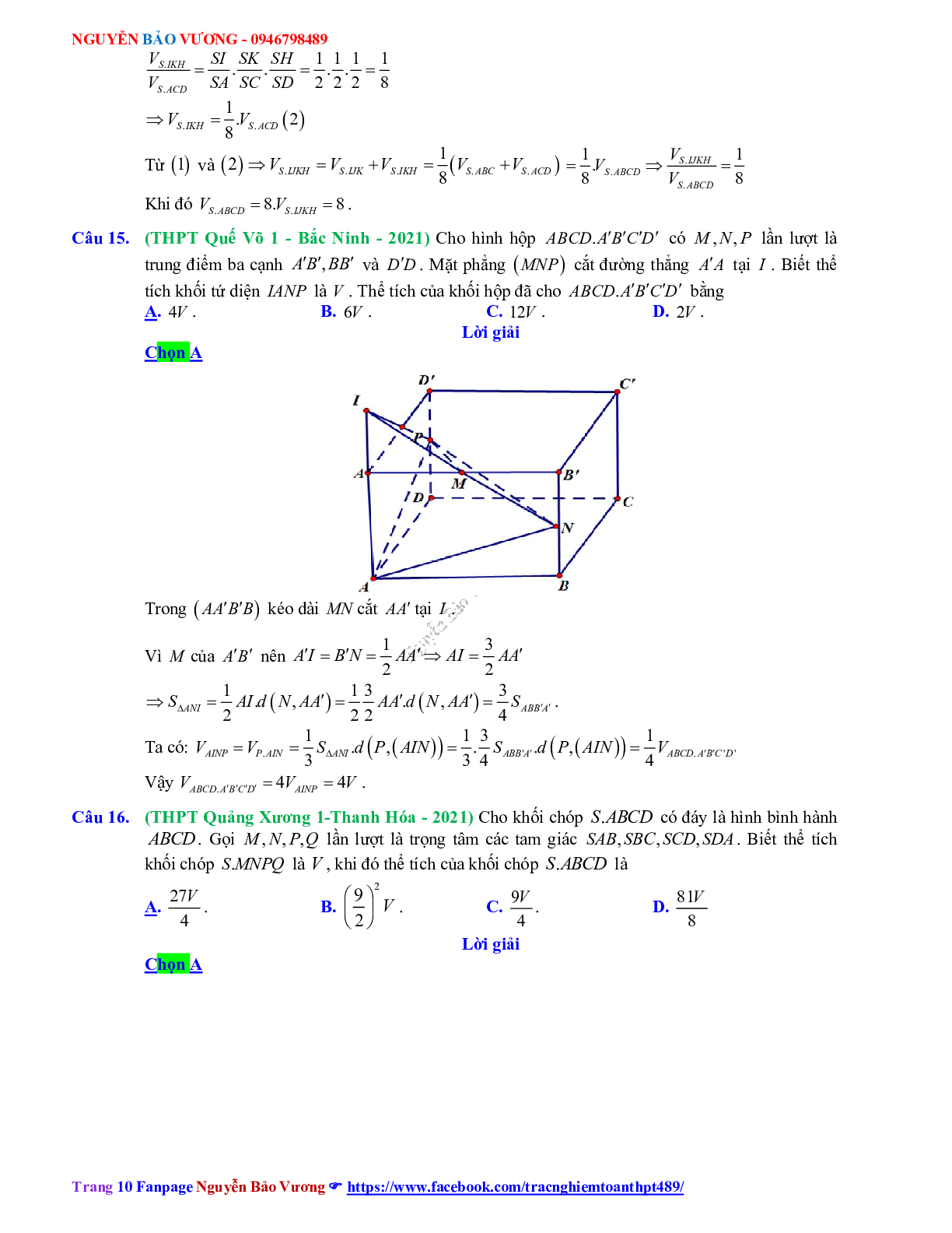 Trắc nghiệm Ôn thi THPT QG Toán 12: Đáp án khối đa diện - thể tích khối đa diện mức độ vận dụng (trang 10)