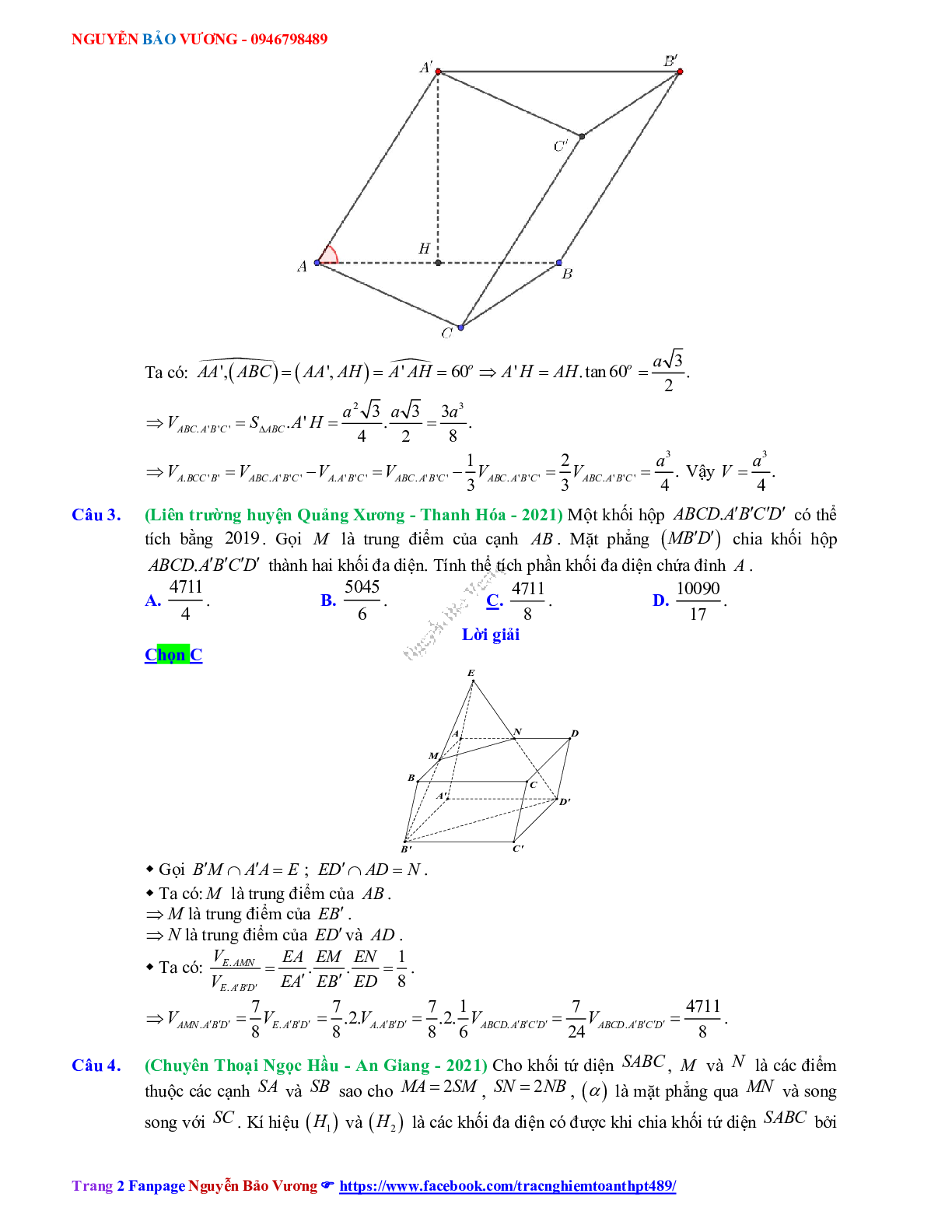 Trắc nghiệm Ôn thi THPT QG Toán 12: Đáp án khối đa diện - thể tích khối đa diện mức độ vận dụng (trang 2)