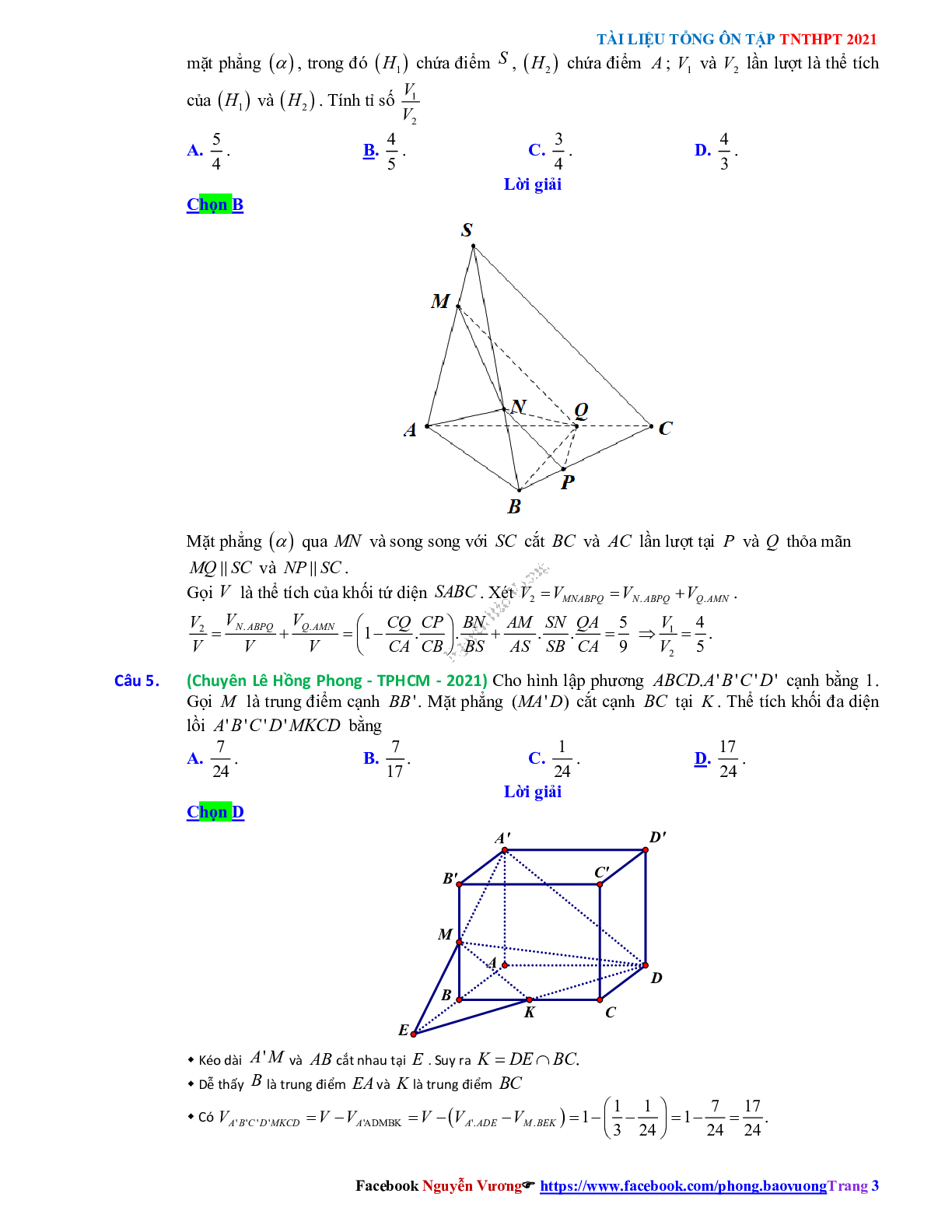 Trắc nghiệm Ôn thi THPT QG Toán 12: Đáp án khối đa diện - thể tích khối đa diện mức độ vận dụng (trang 3)