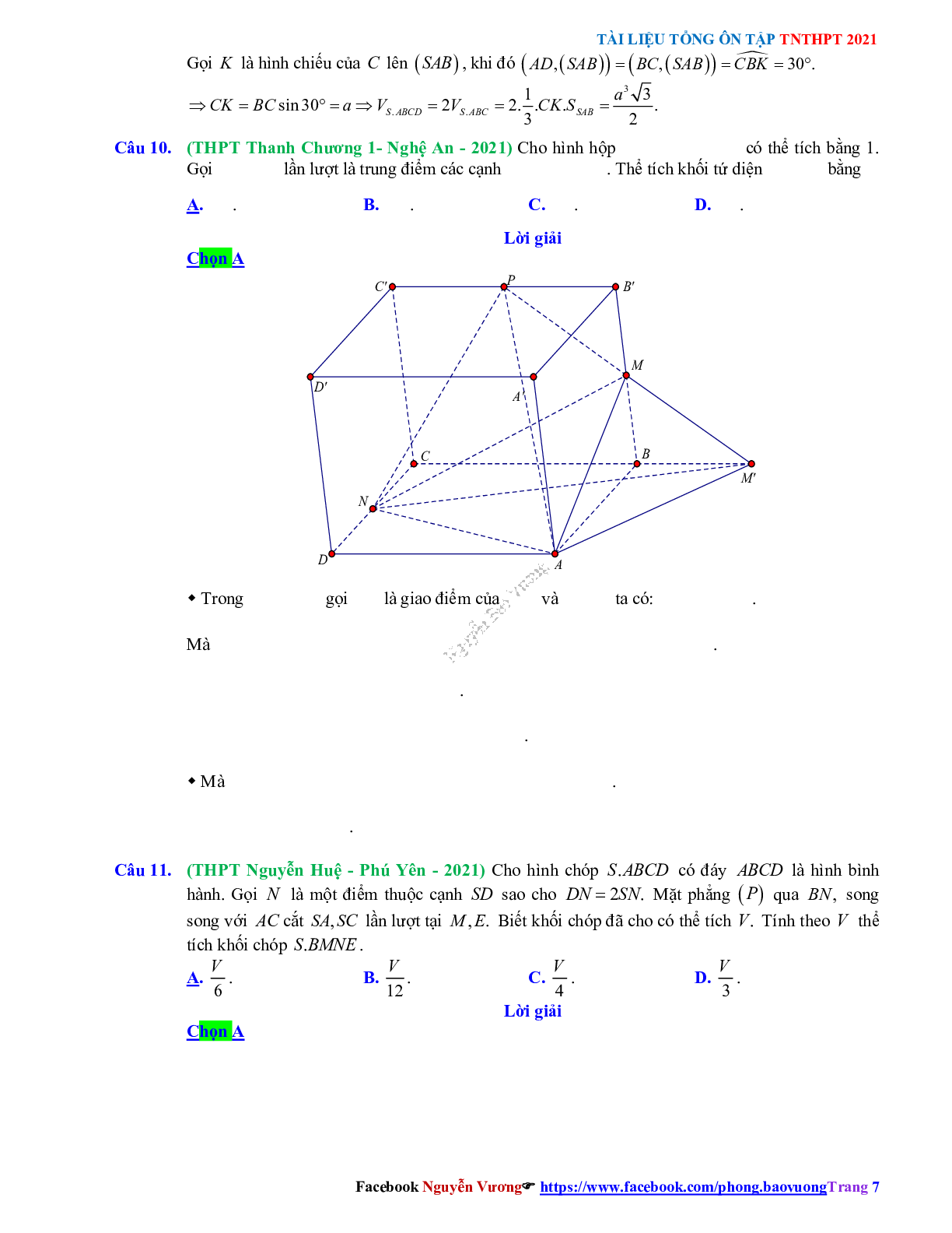 Trắc nghiệm Ôn thi THPT QG Toán 12: Đáp án khối đa diện - thể tích khối đa diện mức độ vận dụng (trang 7)