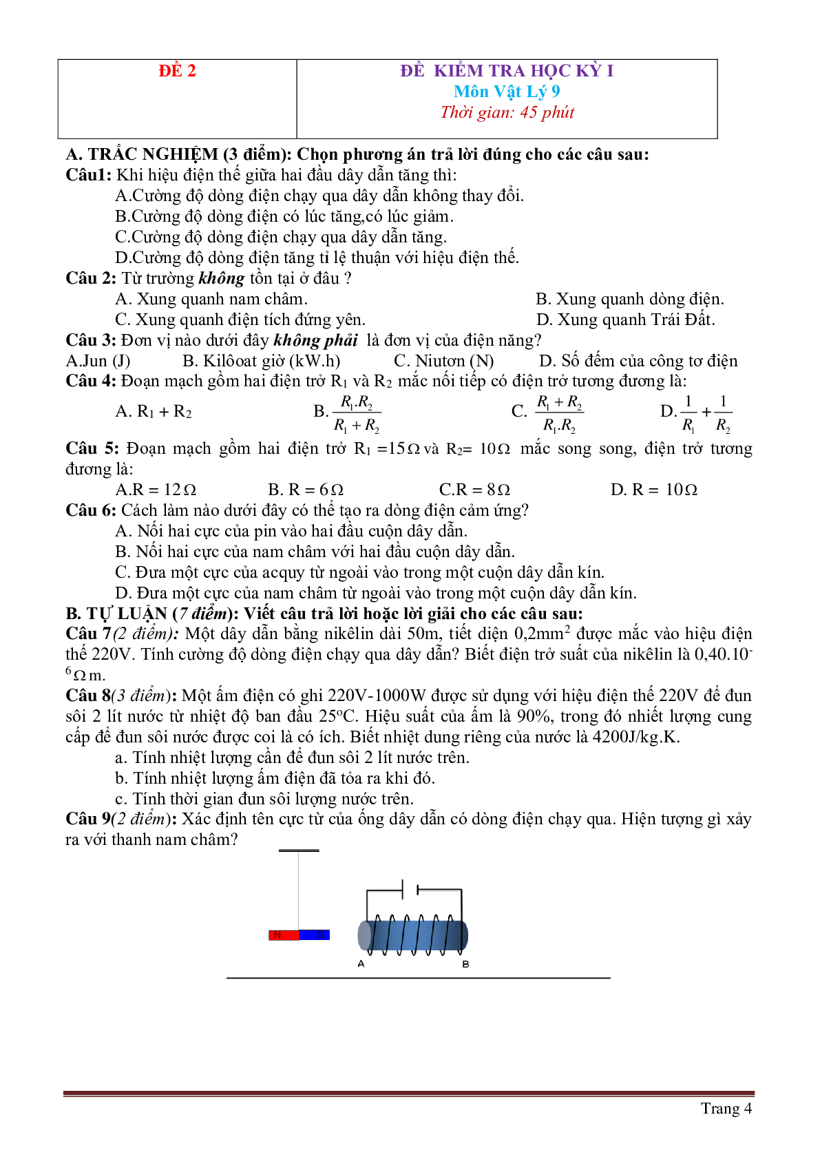 Bộ 30 đề thi học kì 1 môn Vật lý lớp 9 có đáp án (trang 4)