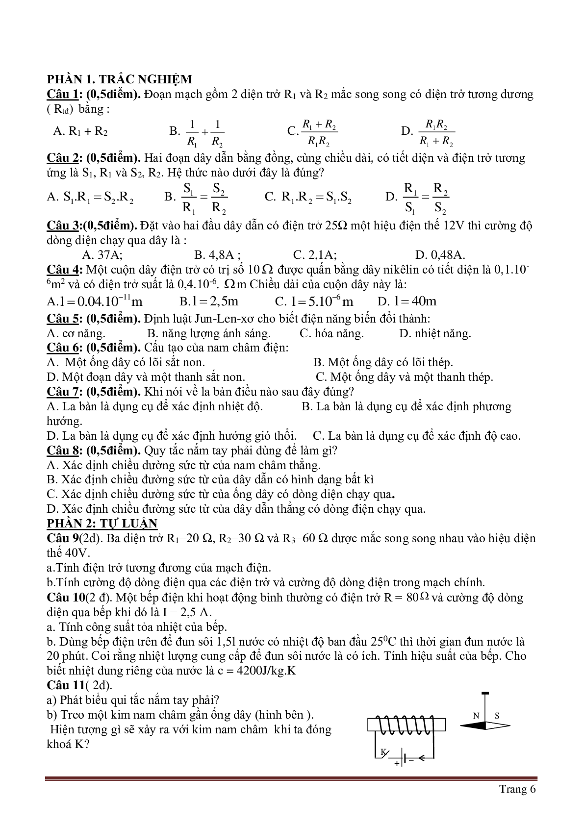 Bộ 30 đề thi học kì 1 môn Vật lý lớp 9 có đáp án (trang 6)