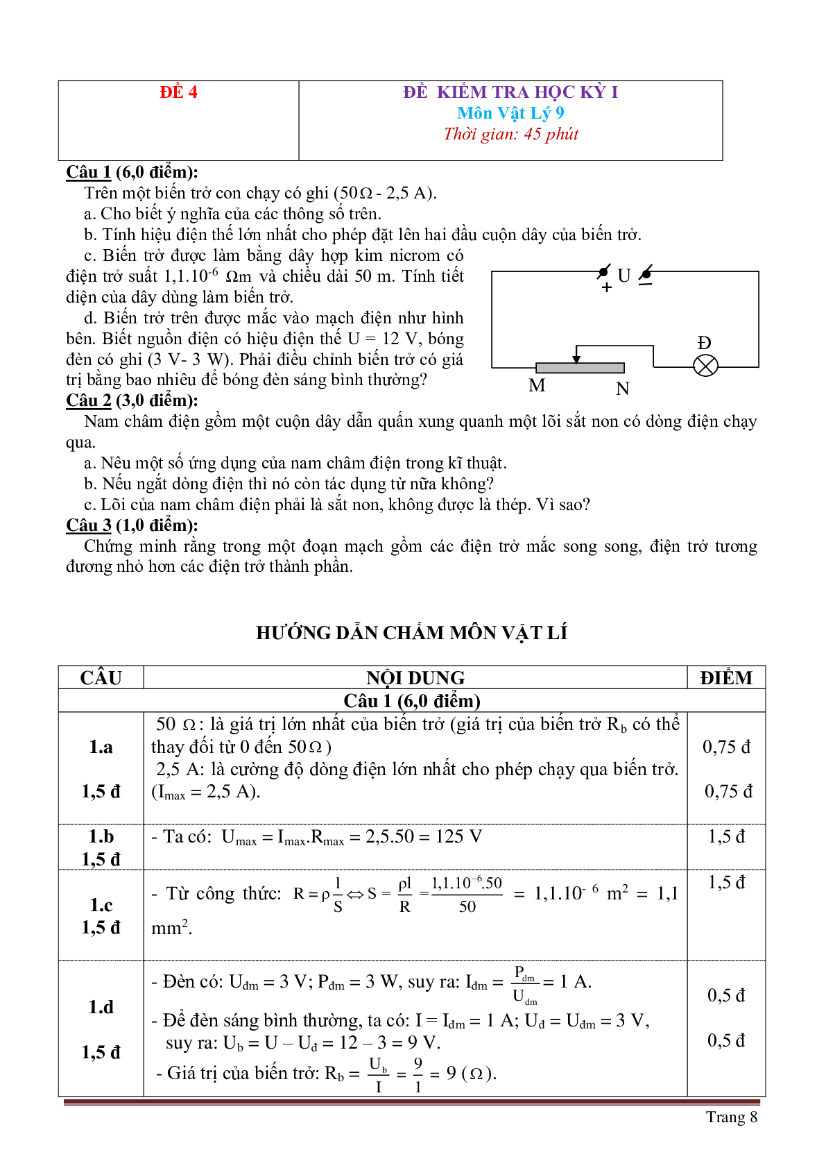 Bộ 30 đề thi học kì 1 môn Vật lý lớp 9 có đáp án (trang 8)