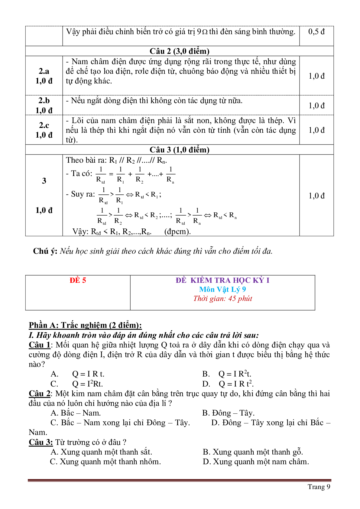 Bộ 30 đề thi học kì 1 môn Vật lý lớp 9 có đáp án (trang 9)
