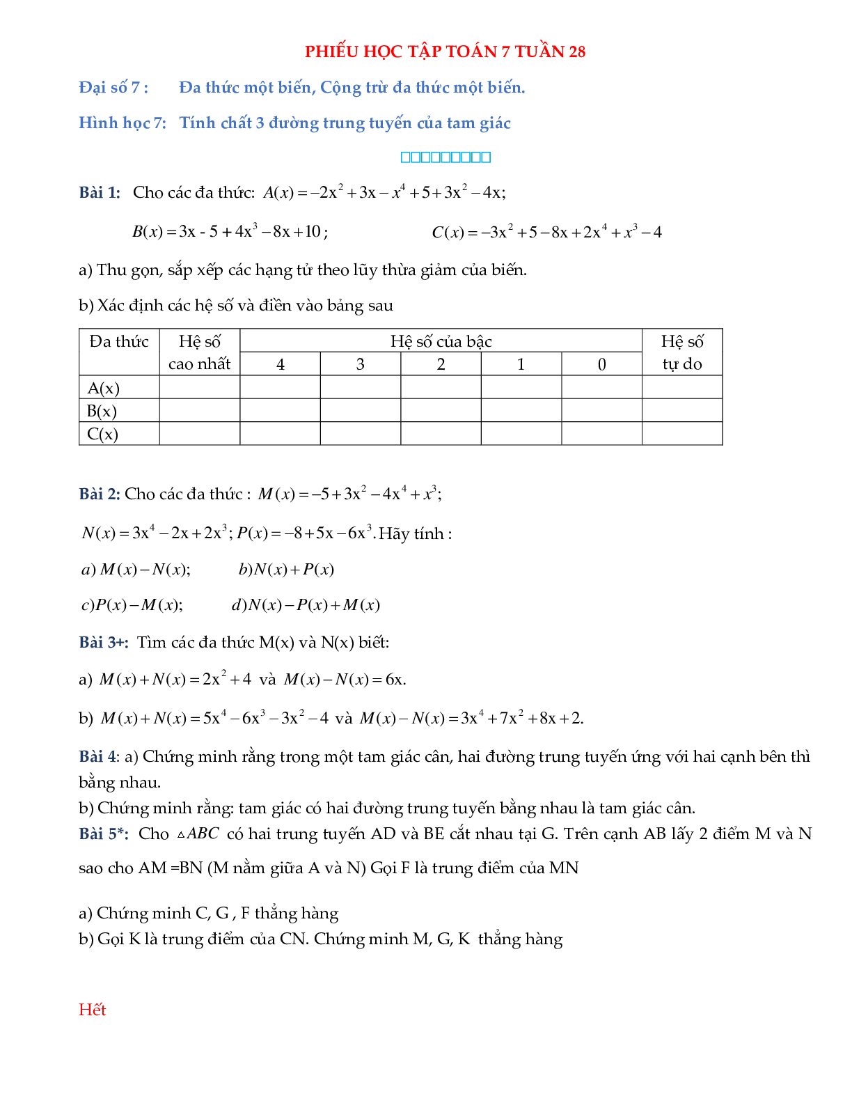 Phiếu bài tập tuần 28 - Toán 7 (trang 1)