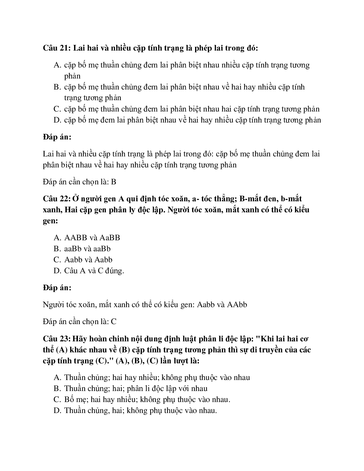31 câu Trắc nghiệm Sinh học 9 Bài 4 có đáp án 2023: Lai hai cặp tính trạng (trang 8)