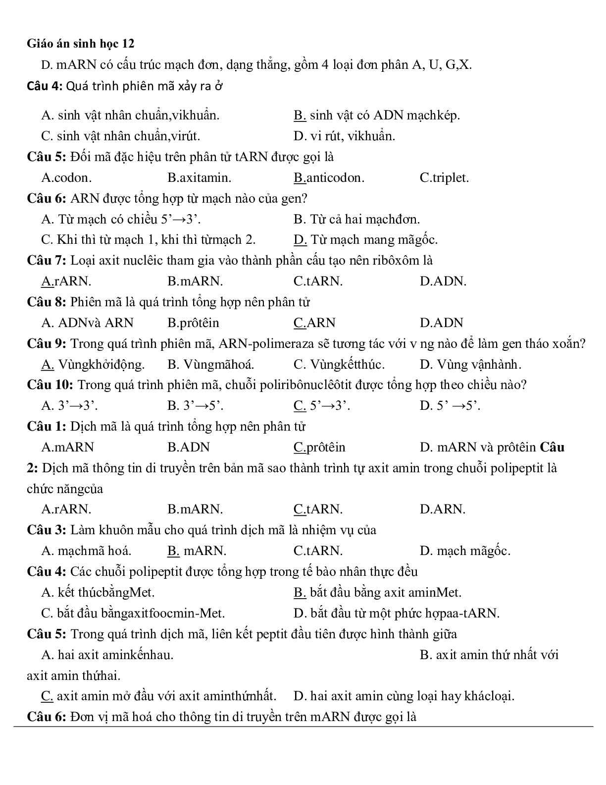 Giáo án Sinh học 12 Bài 2: Phiên mã và dịch mã mới nhất (trang 10)