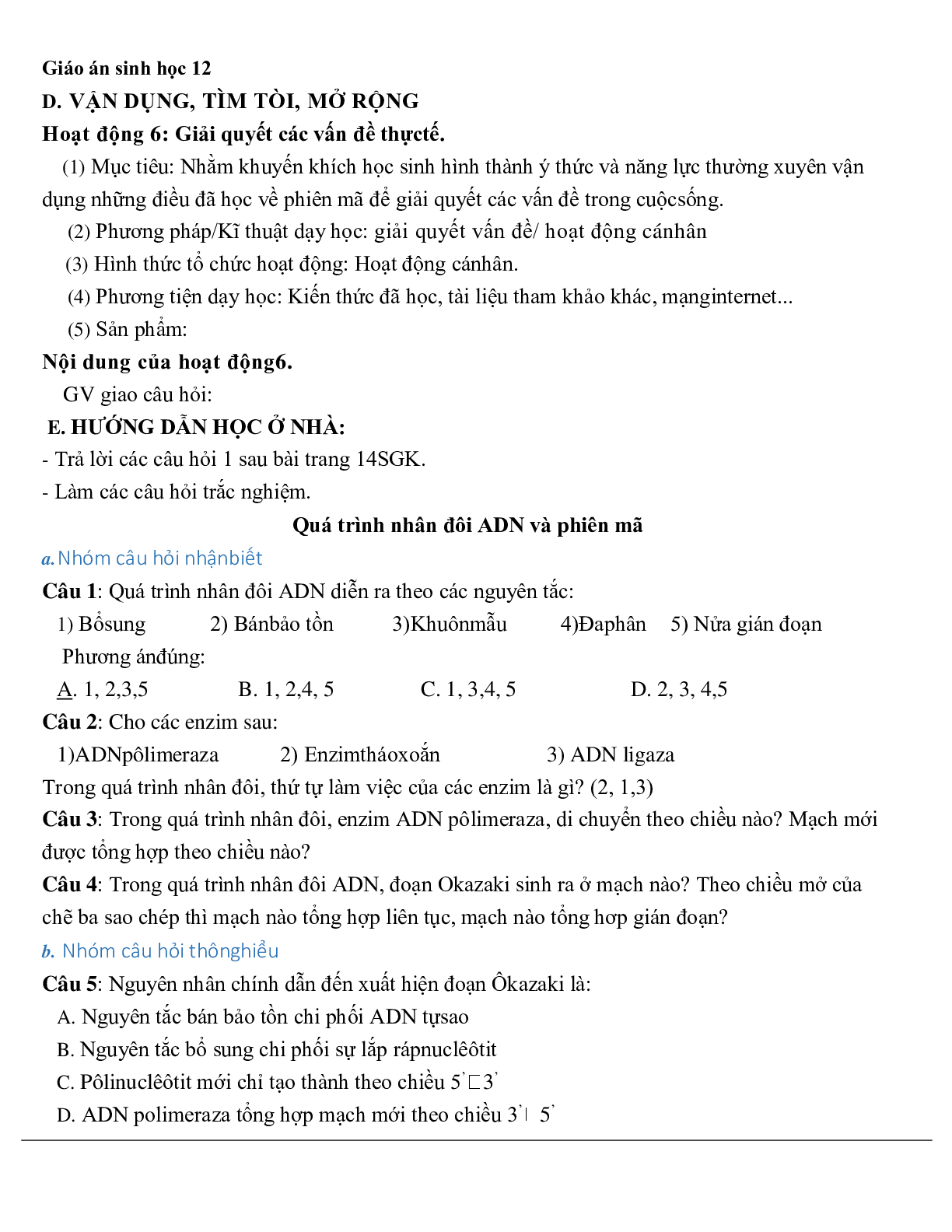 Giáo án Sinh học 12 Bài 2: Phiên mã và dịch mã mới nhất (trang 8)