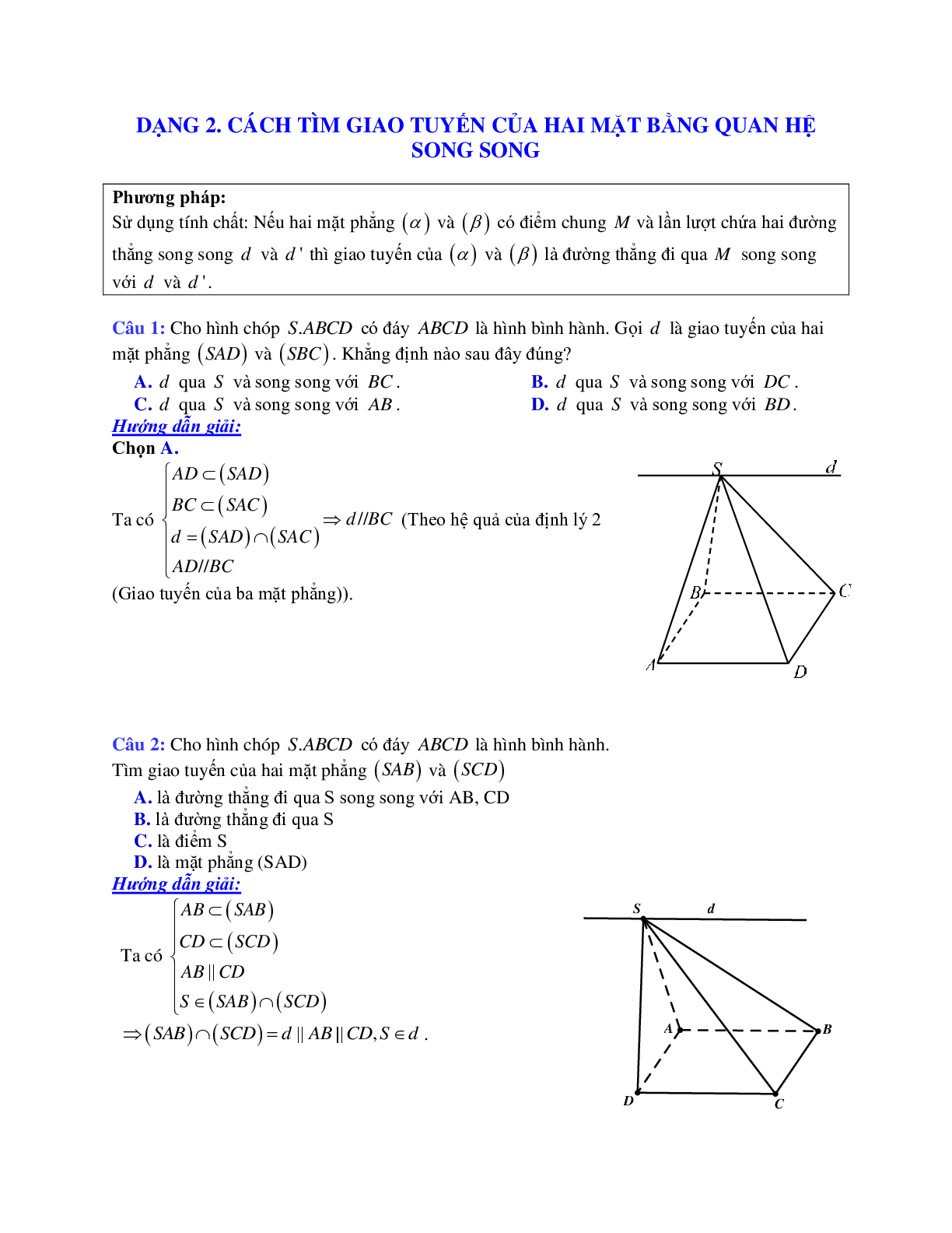 Phương pháp giải và bài tập về Cách tìm giao tuyến của hai mặt phẳng bằng quan hệ song song (trang 1)
