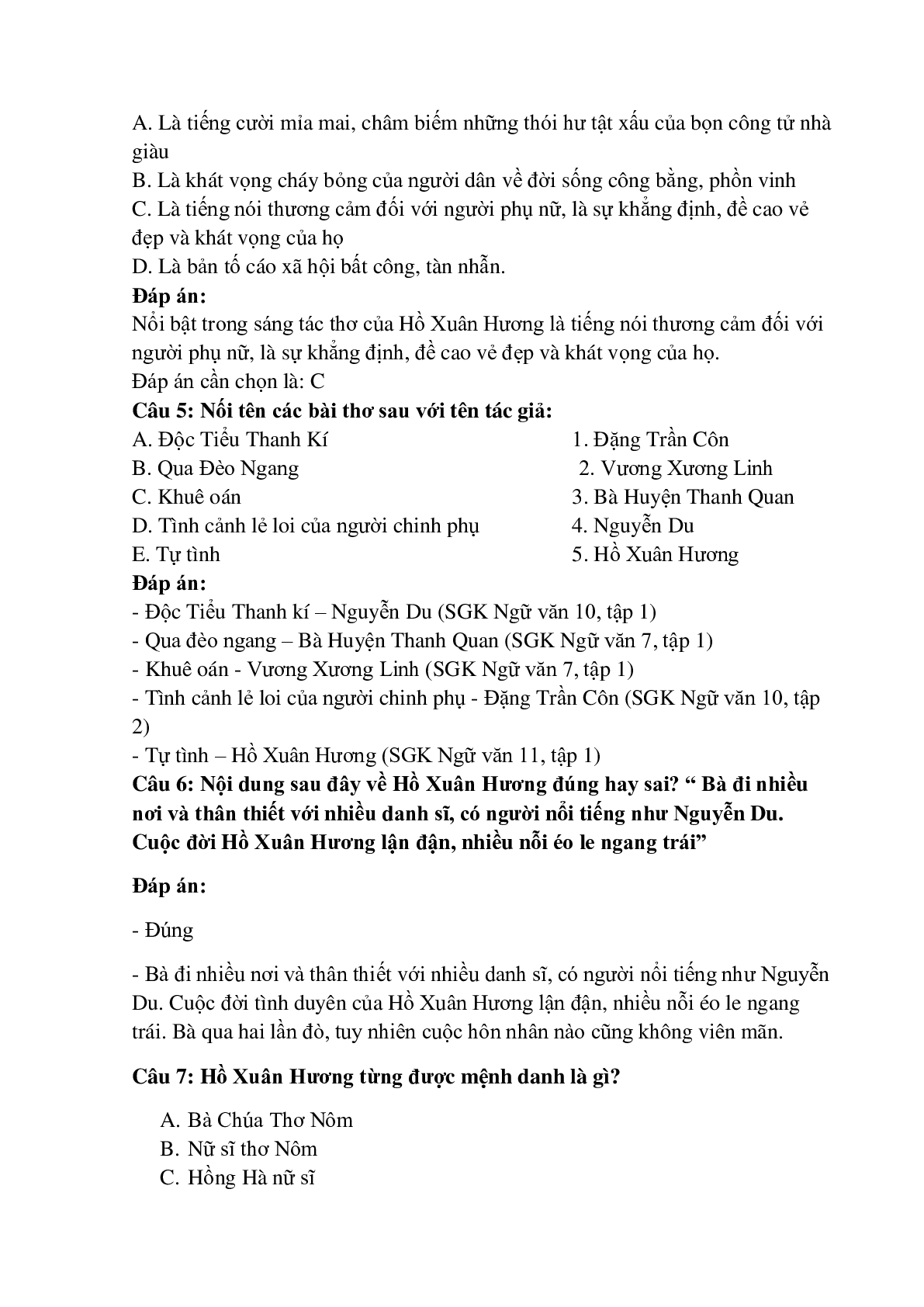 26 câu Trắc nghiệm Tự tình - Hồ Xuân Hương có đáp án 2023 – Ngữ Văn lớp 11 (trang 2)