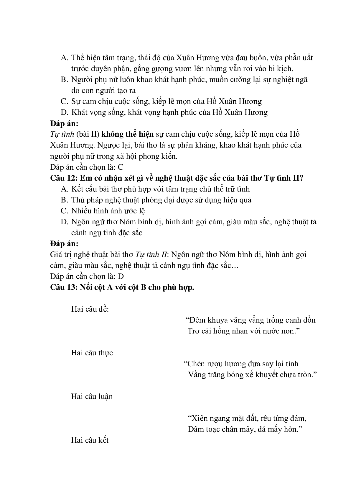 26 câu Trắc nghiệm Tự tình - Hồ Xuân Hương có đáp án 2023 – Ngữ Văn lớp 11 (trang 4)