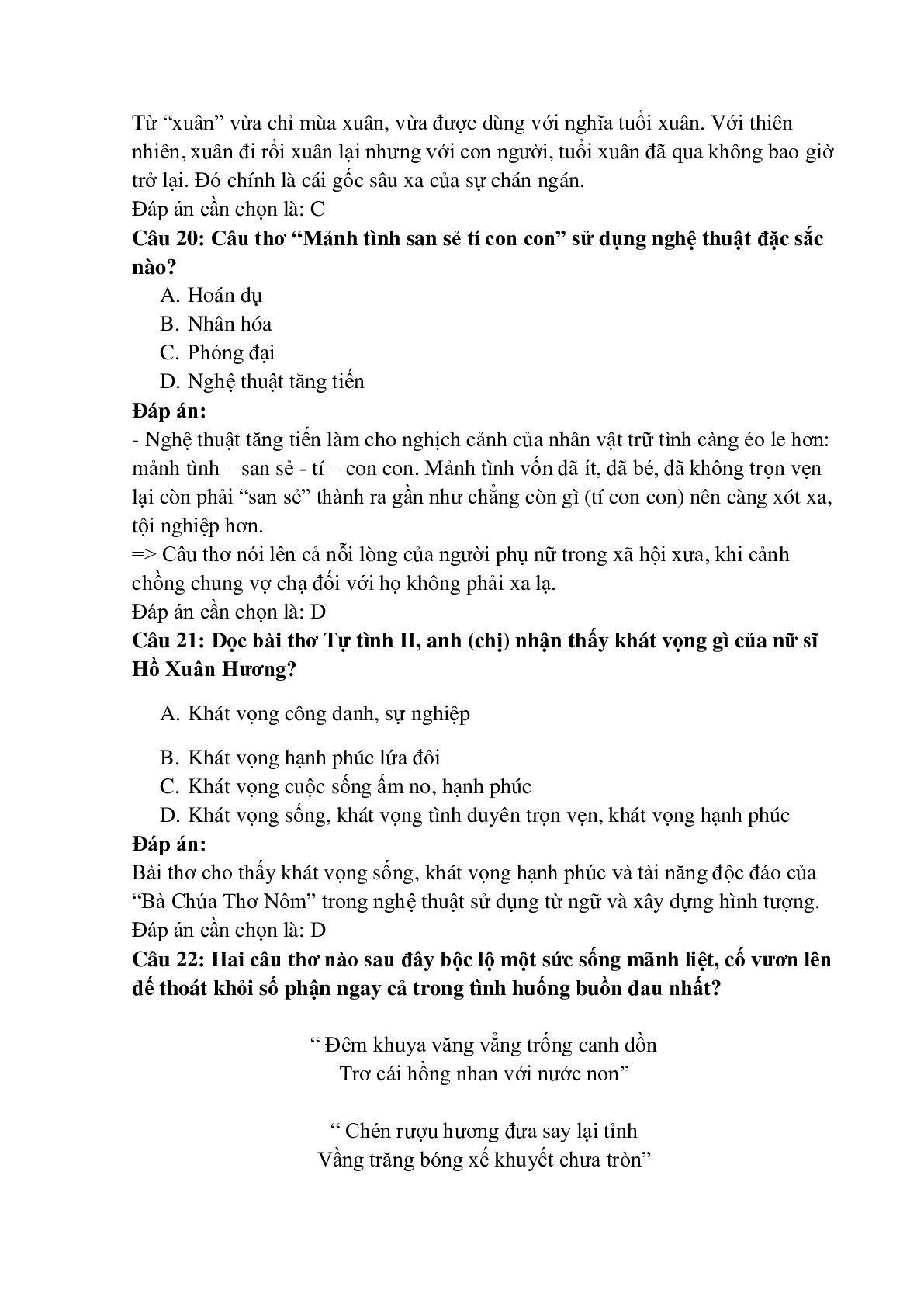 26 câu Trắc nghiệm Tự tình - Hồ Xuân Hương có đáp án 2023 – Ngữ Văn lớp 11 (trang 7)