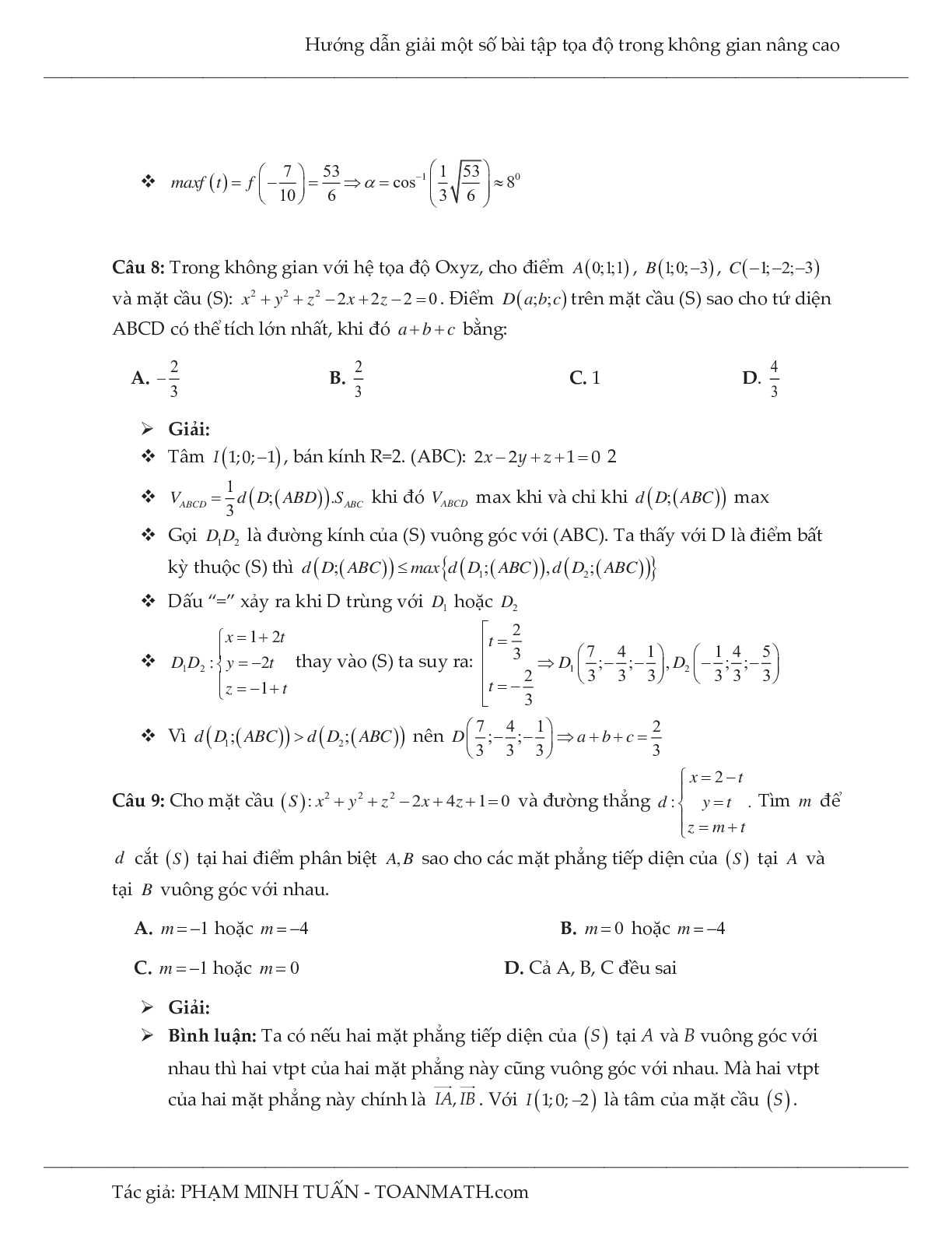 Hướng dẫn giải một số bài tập tọa độ trong không gian nâng cao môn Toán lớp 12 (trang 5)