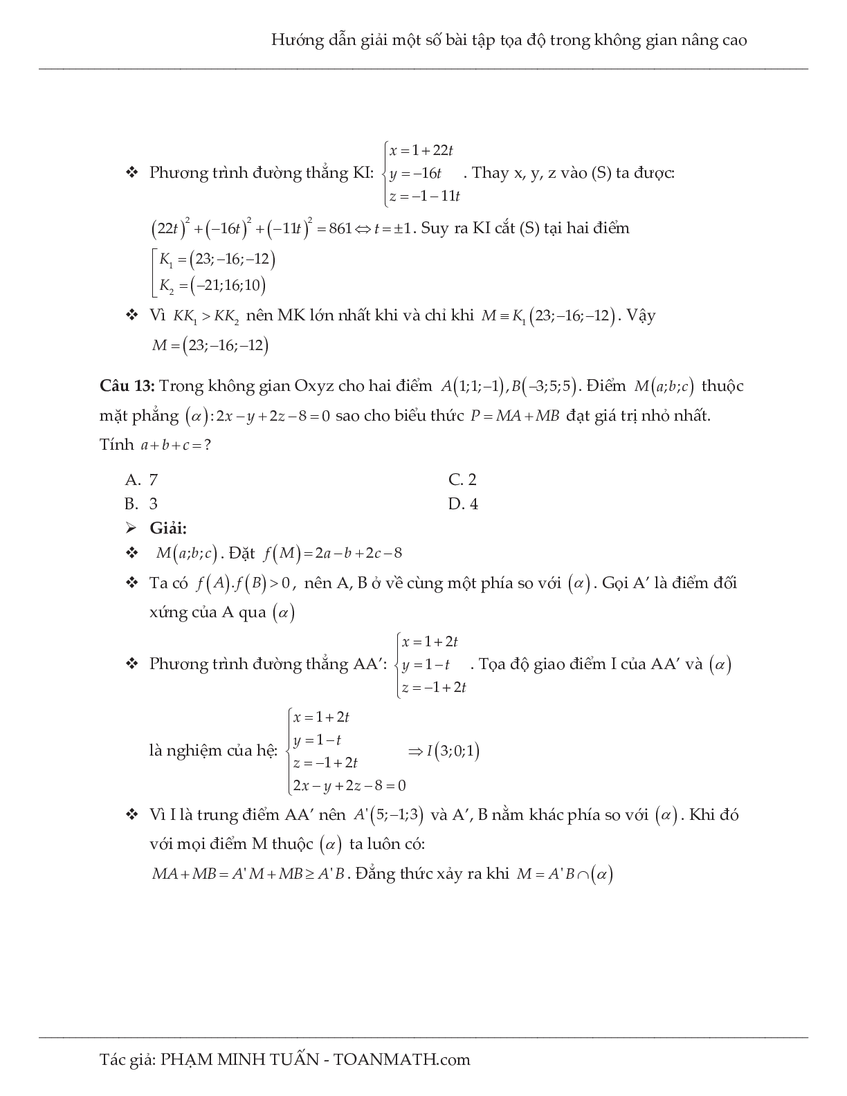 Hướng dẫn giải một số bài tập tọa độ trong không gian nâng cao môn Toán lớp 12 (trang 8)