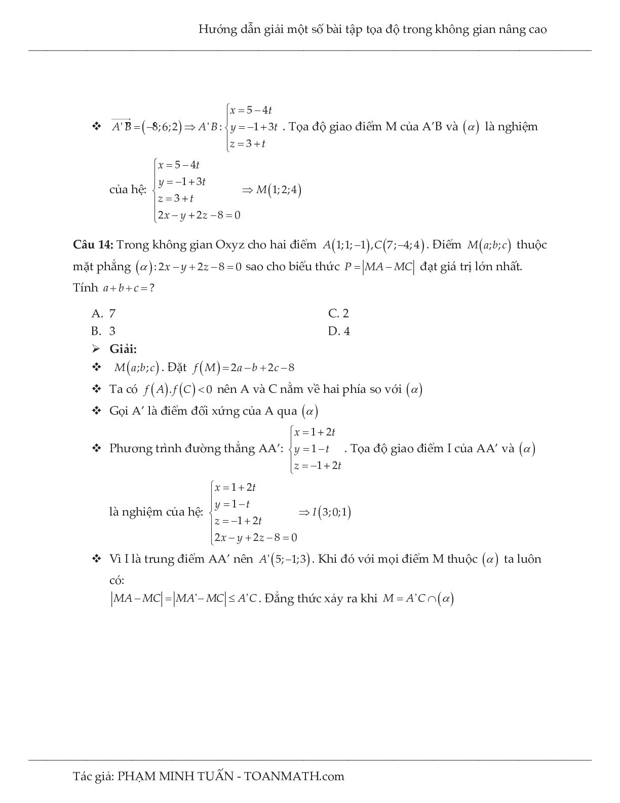 Hướng dẫn giải một số bài tập tọa độ trong không gian nâng cao môn Toán lớp 12 (trang 9)